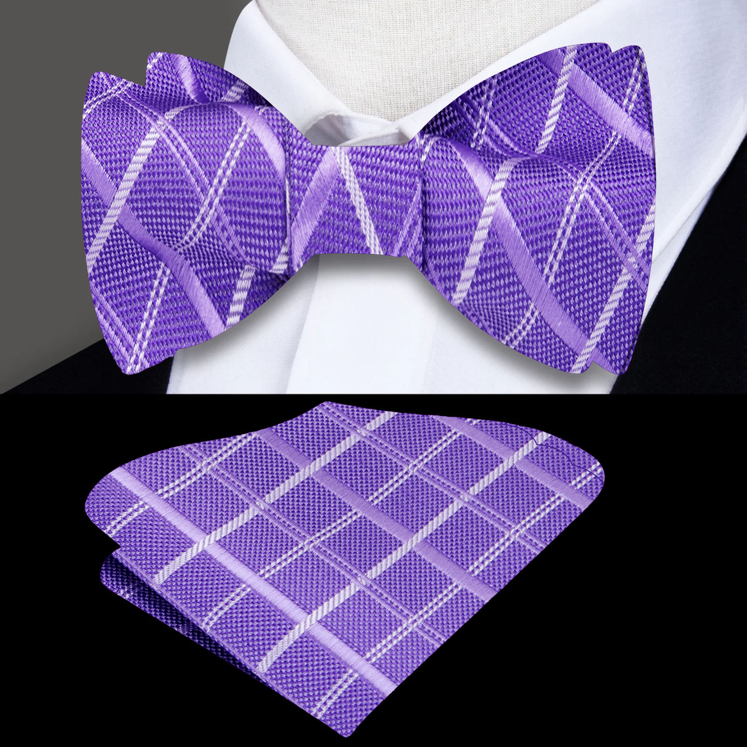 Main: A Purple Geometric Diamonds Pattern Silk Self Tie Bow Tie, Matching Pocket Square
