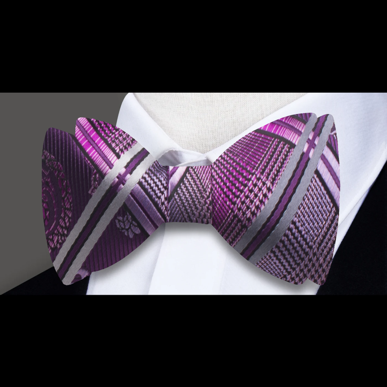 Main: A Purple Geometric and Paisley Pattern Silk  Bow Tie