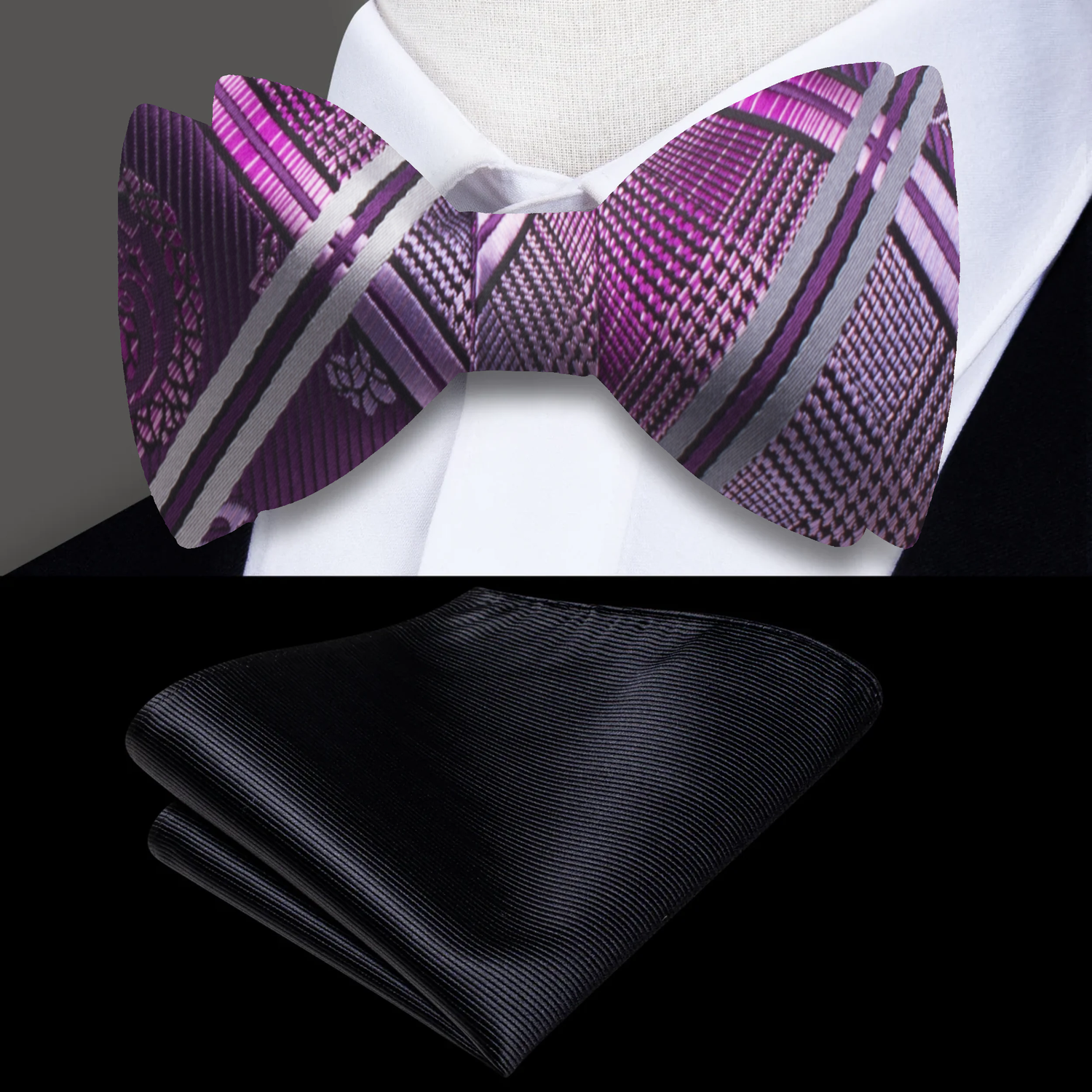 A Purple Geometric and Paisley Pattern Silk Self Tie Bow Tie, Black Pocket Square
