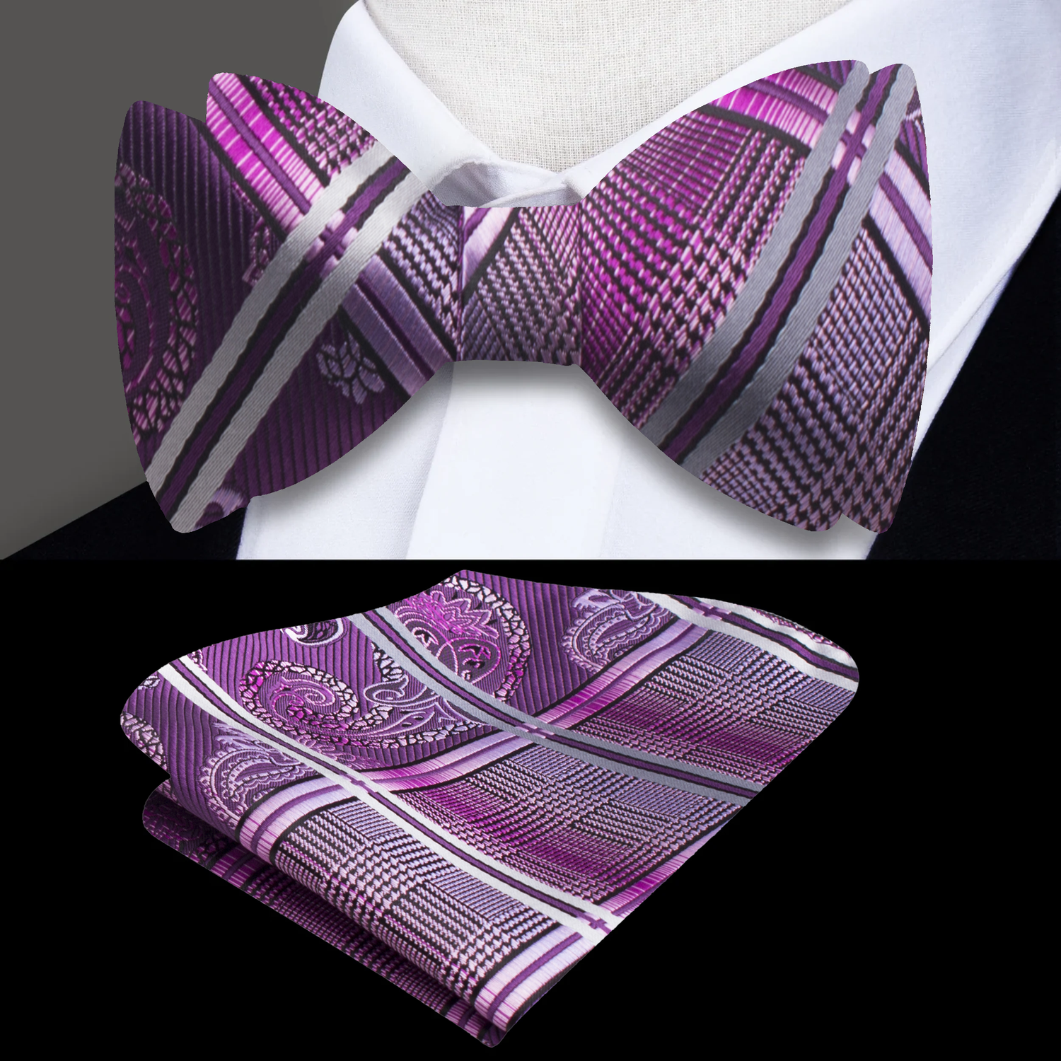 Main: A Purple Geometric and Paisley Pattern Silk Self Tie Bow Tie, Matching Pocket Square