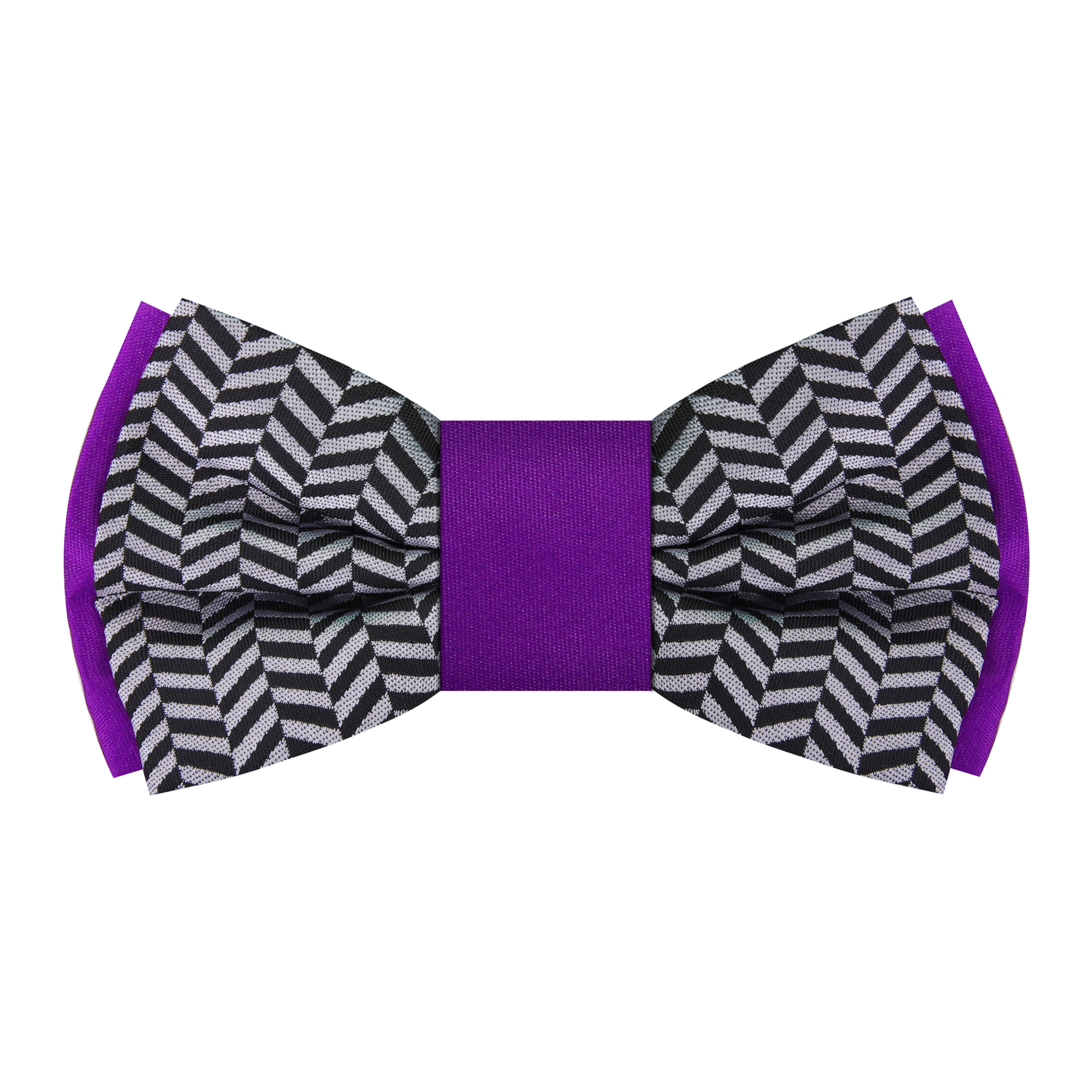 View 2 Single: Purple, Black, Grey Crosshatch and Solid Double Sided Bow Tie 
