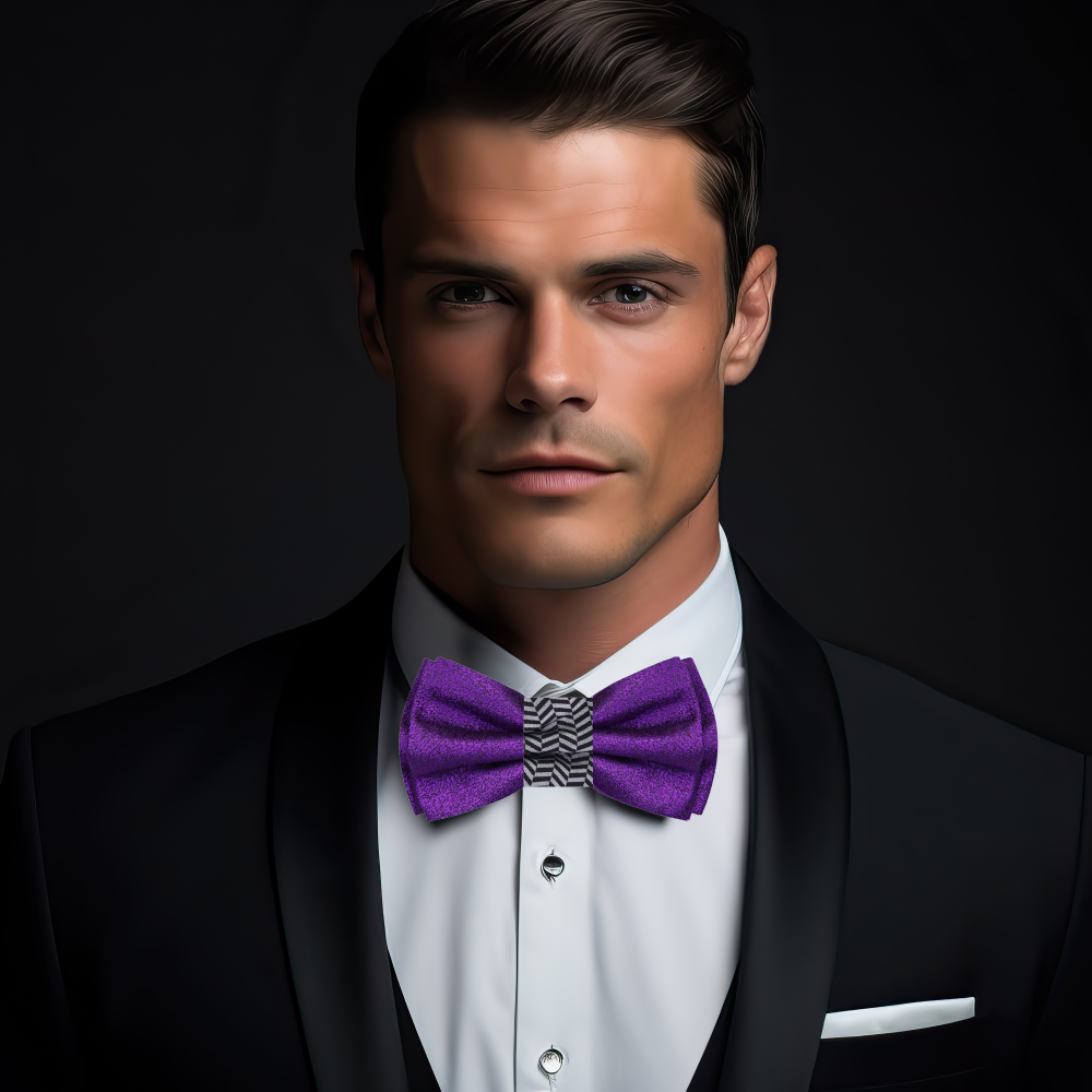 Purple, Black, Grey Crosshatch and Solid Double Sided Bow Tie and White Square on Suit