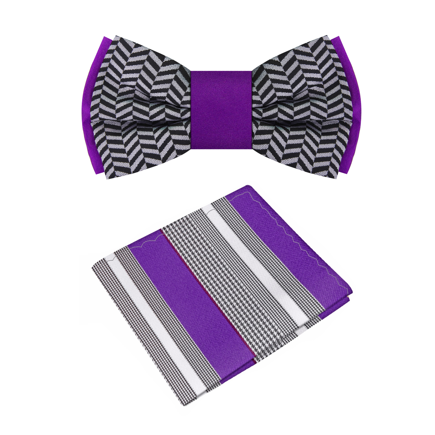 Purple, Black, Grey Crosshatch and Solid Double Sided Bow Tie and Grey, Purple, Black, White Stripe Square