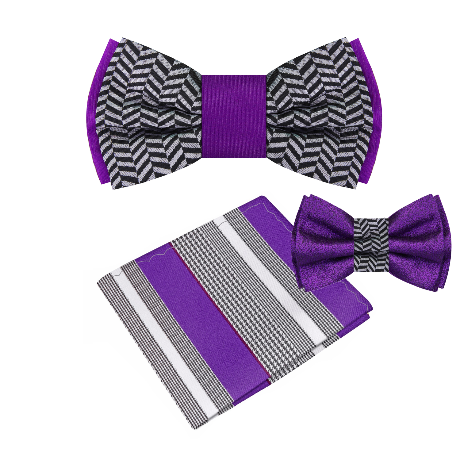 Main View: Purple, Black, Grey Crosshatch and Solid Double Sided Bow Tie and Grey, Purple, Black, White Stripe Square