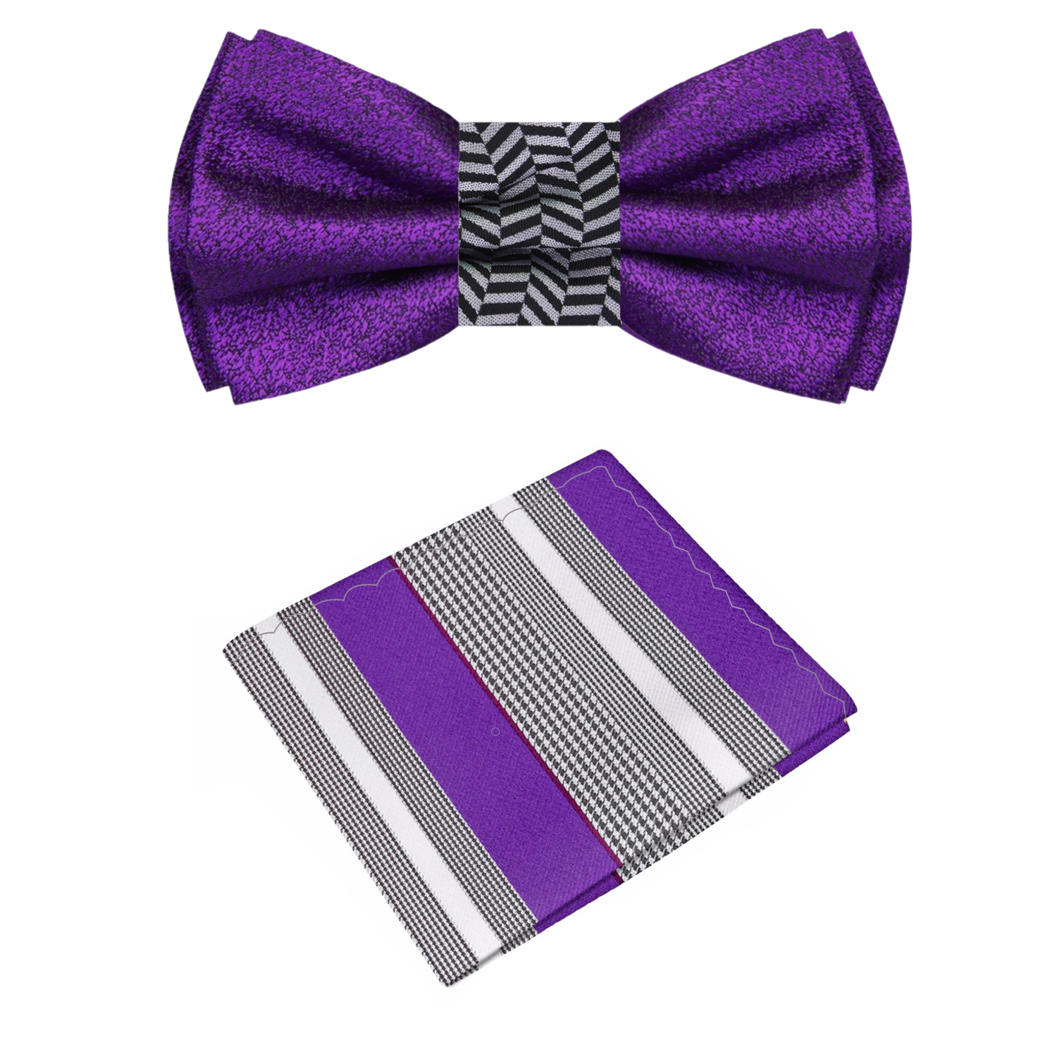 Side 2: Purple, Black, Grey Crosshatch and Solid Double Sided Bow Tie and Grey, Purple, Black, White Stripe Square