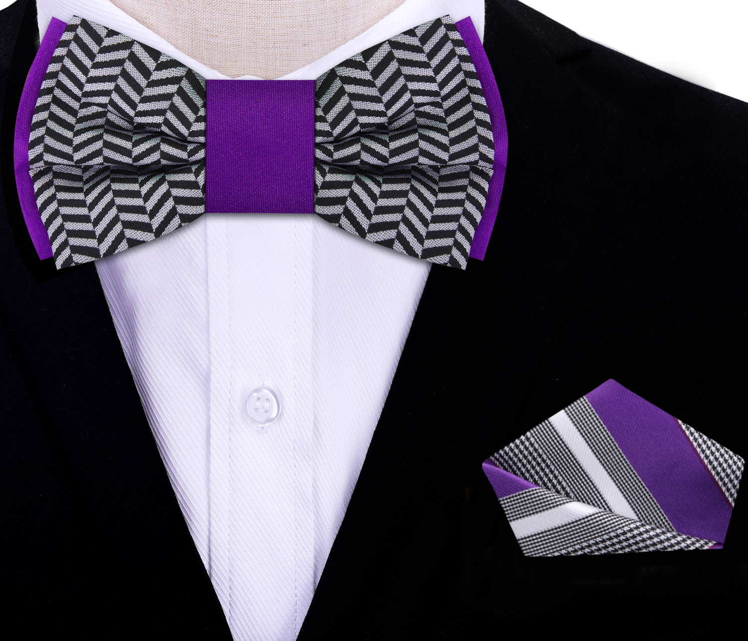 Purple, Black, Grey Crosshatch and Solid Double Sided Bow Tie and Grey, Purple, Black, White Stripe Square on Suit