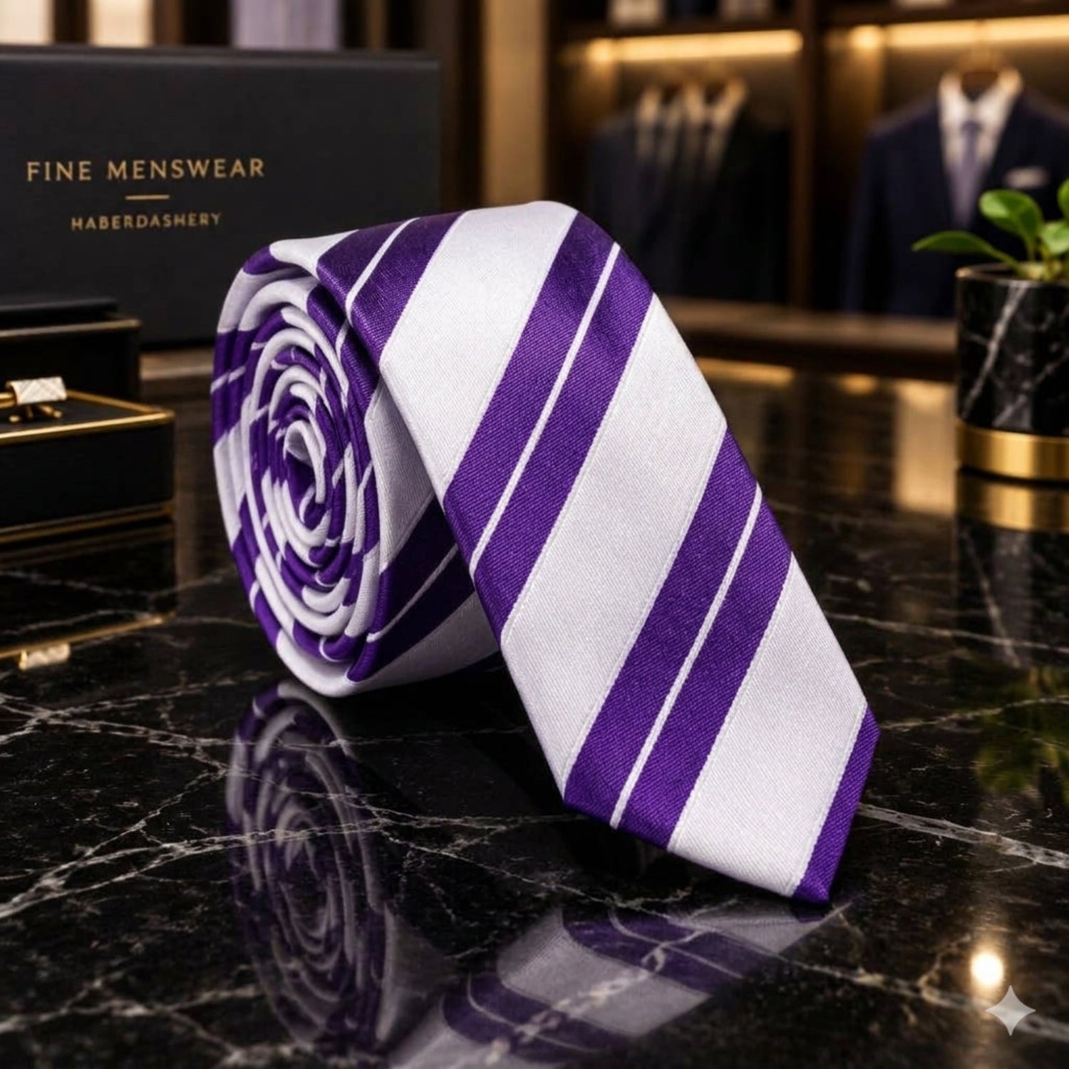White Purple Stripe Tie Thin