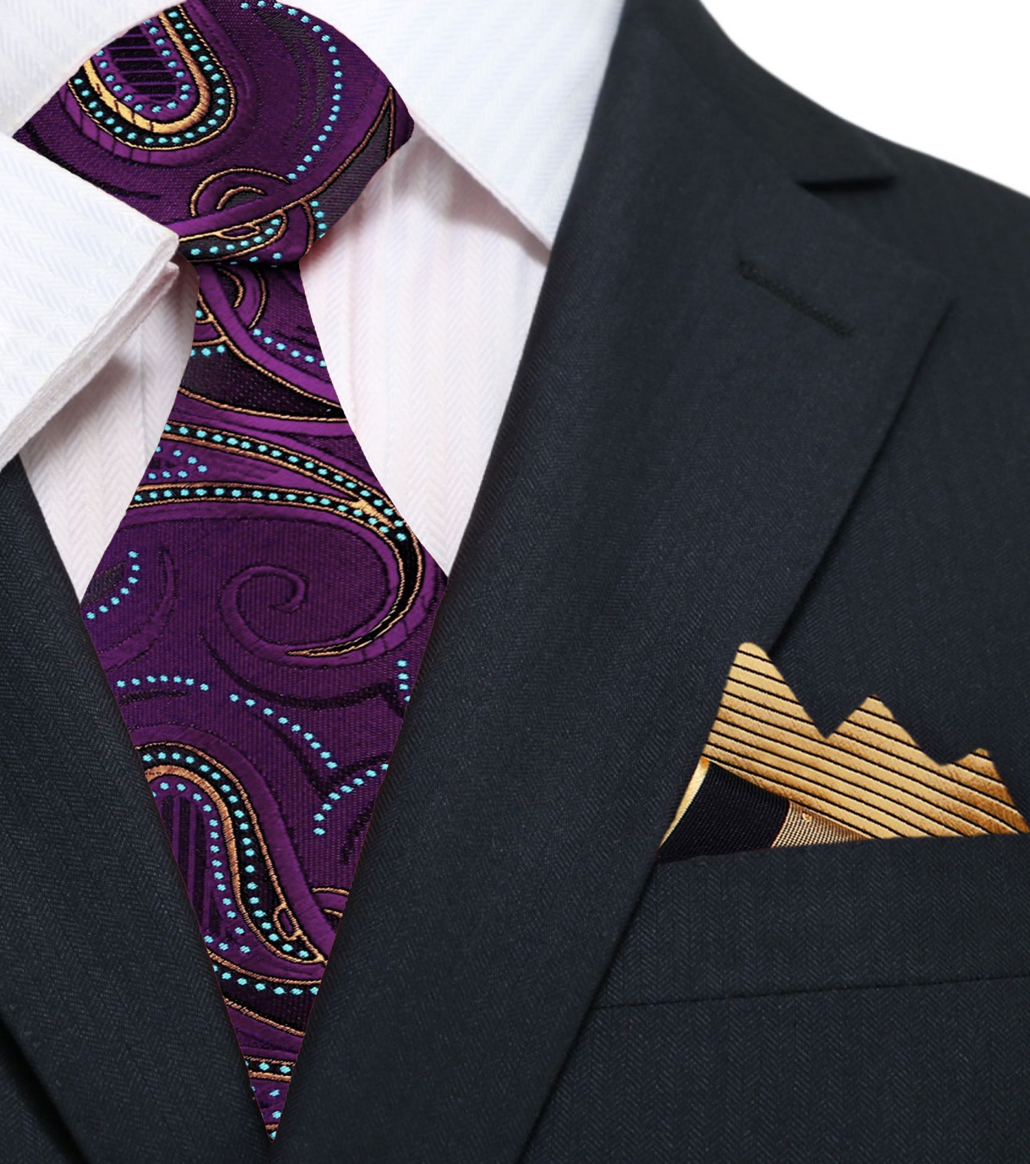 Purple Paisley Necktie with Gold and Black Pocket Square