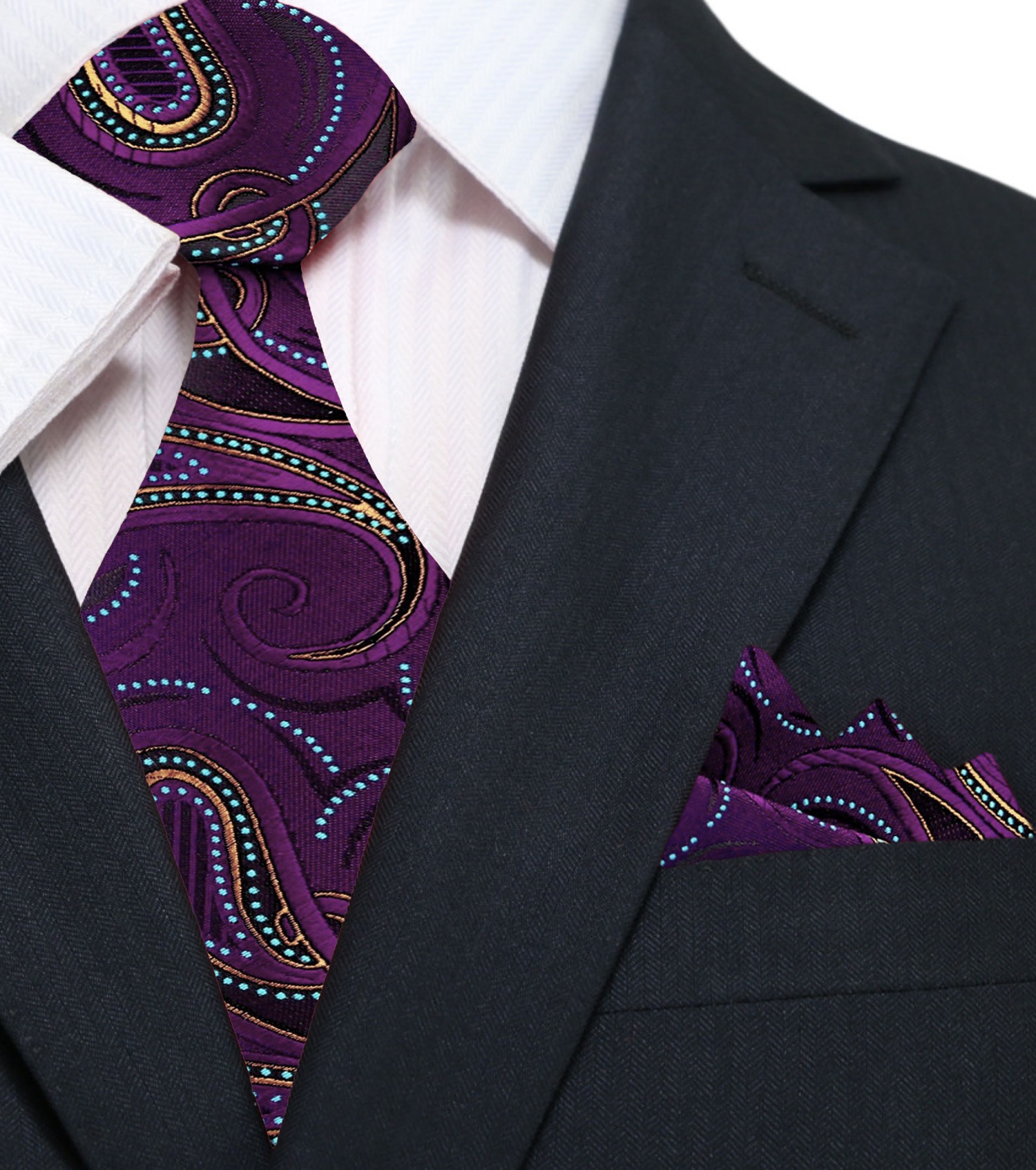 Main View: Purple Paisley Necktie with Matching Pocket Square