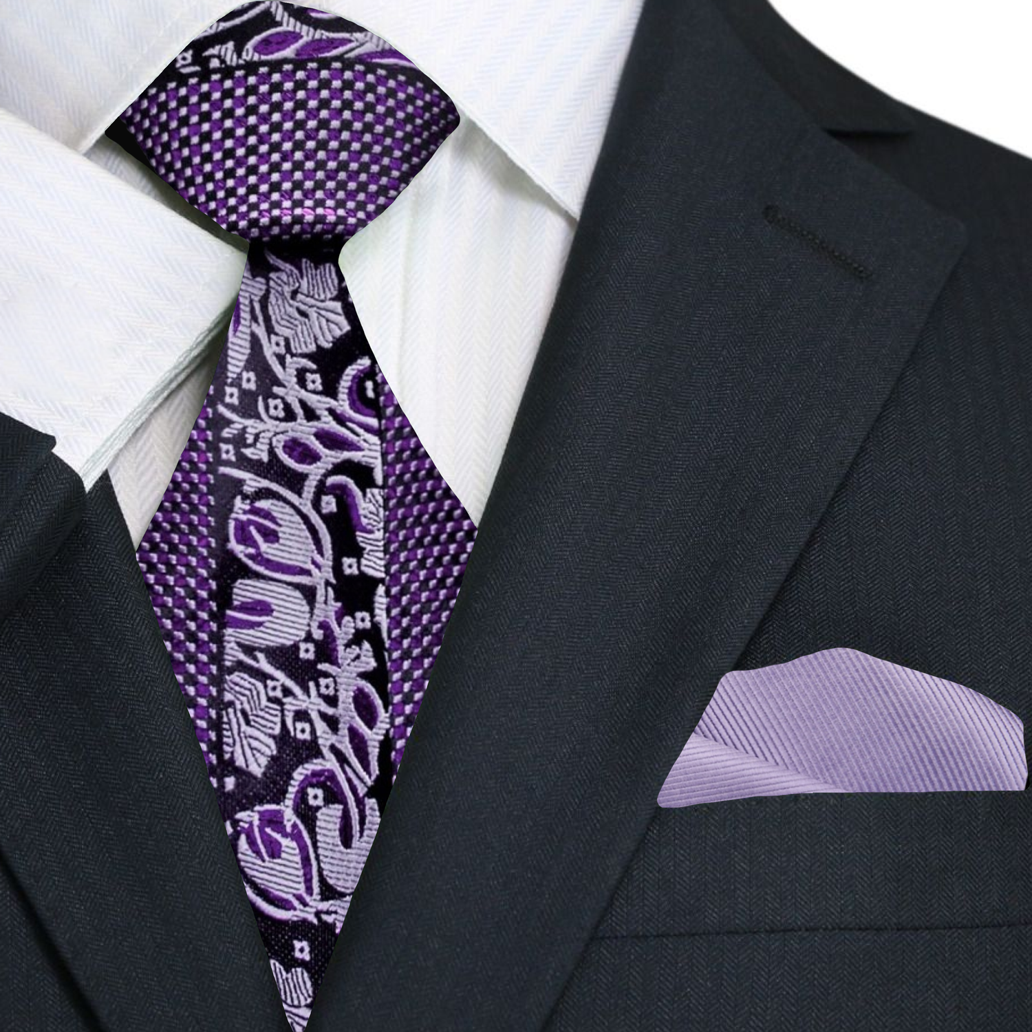 Premium Metallic Purple Floral Necktie with Accenting Square