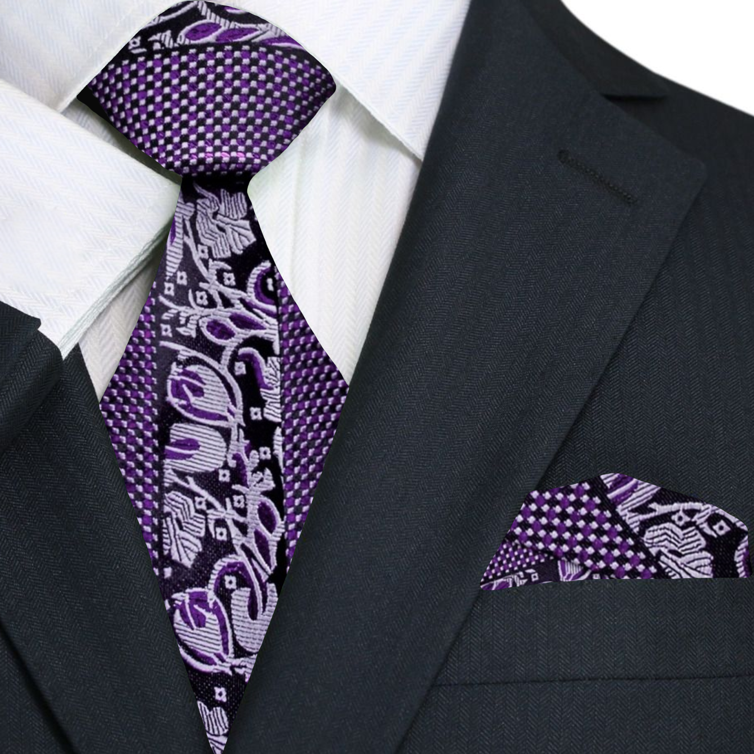 Premium Metallic Purple Floral Necktie with Square