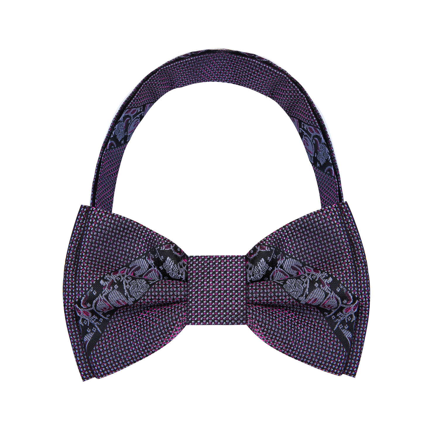 A Metallic Purple, Black Color With Intricate Floral Pattern Silk Kids Pre-Tied Bow Tie