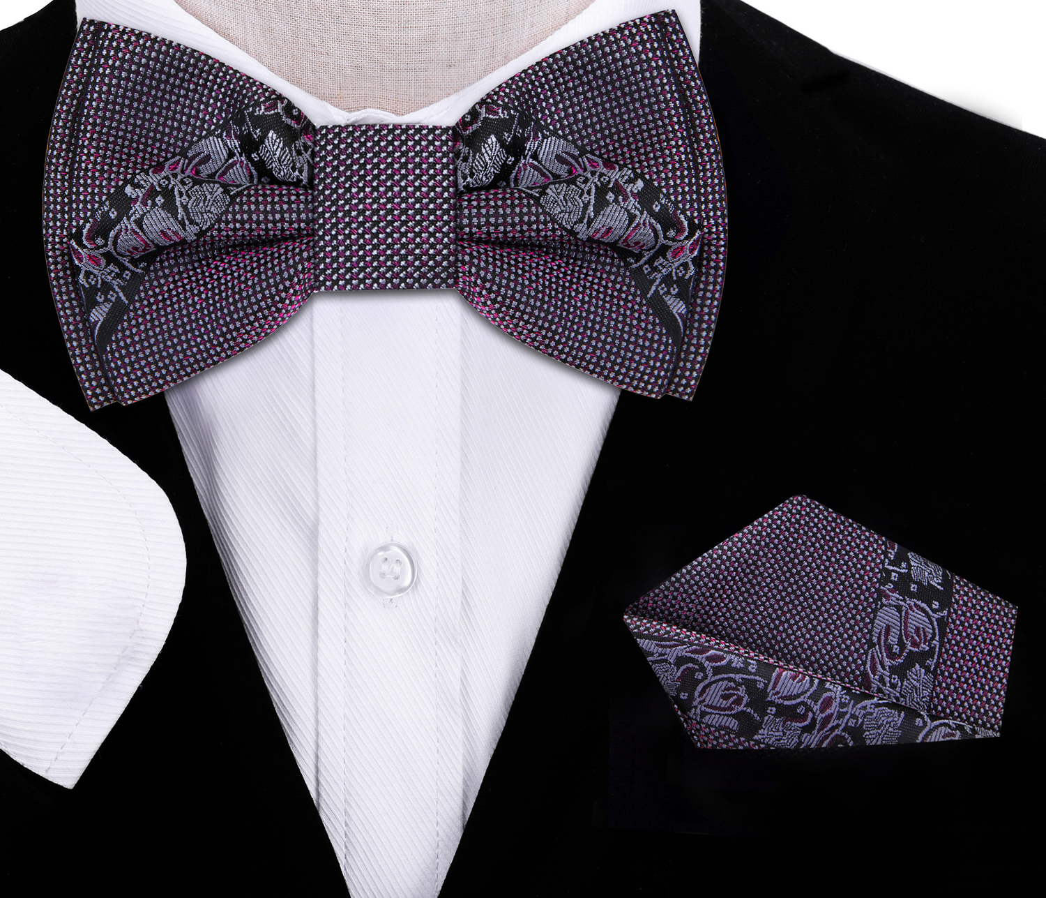 A Metallic Purple, Black Color With Intricate Floral Pattern Silk Kids Pre-Tied Bow Tie, Matching Pocket Square On Suit