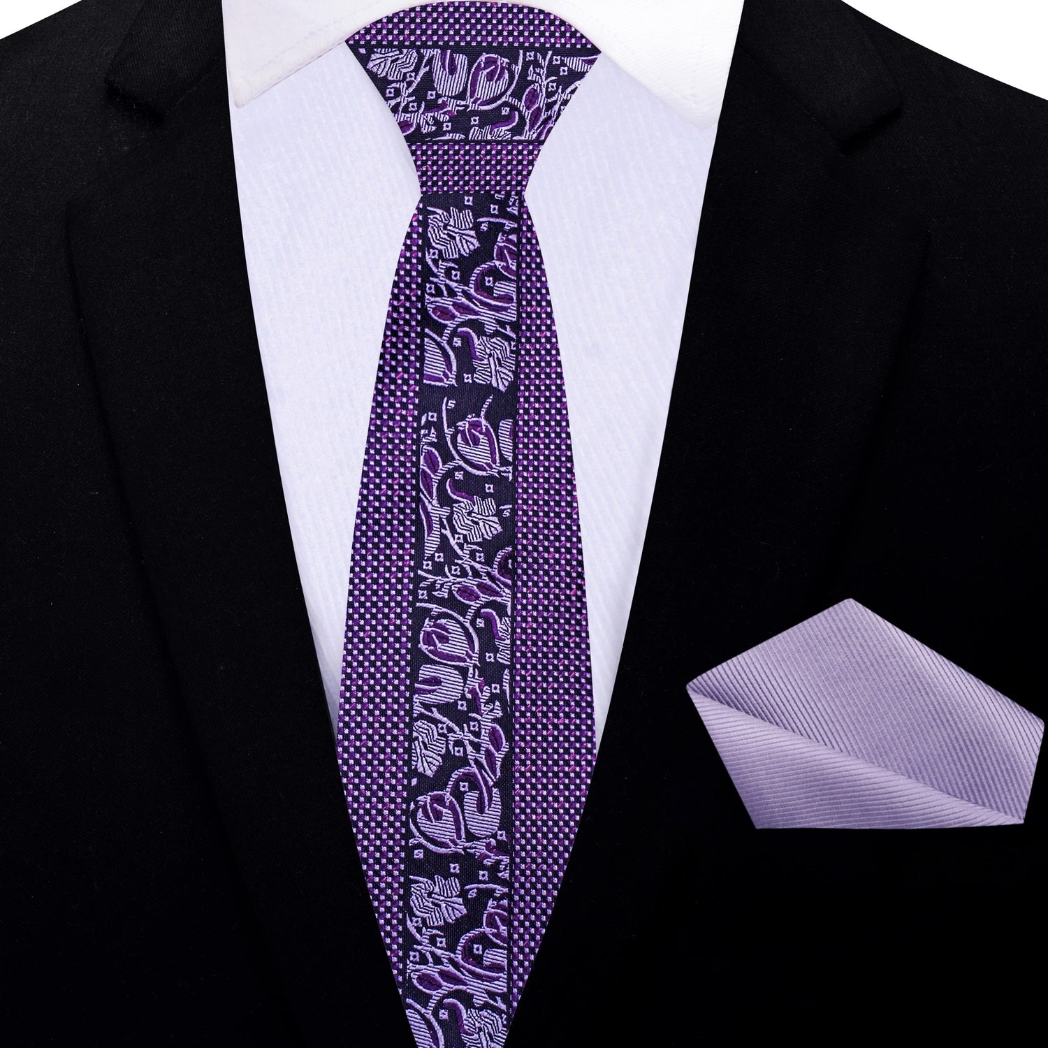 Thin Tie: Metallic Purple Floral Necktie with Accenting Square
