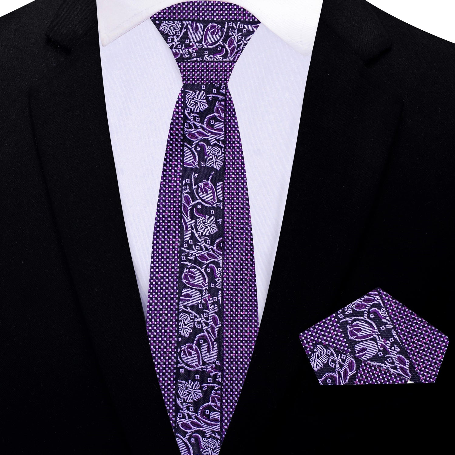 Thin Tie: Metallic Purple, Deep Purple With A Floral Pattern In Middle Of Tie And Check Border