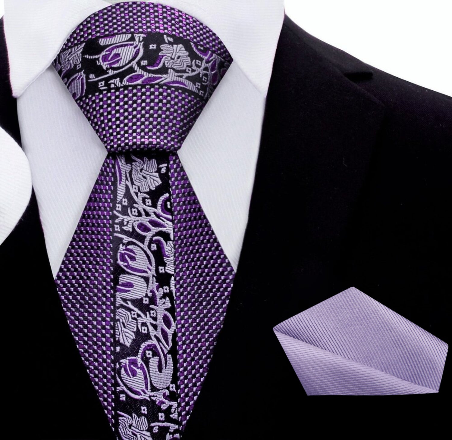 Metallic Purple Floral Necktie with Accenting Square