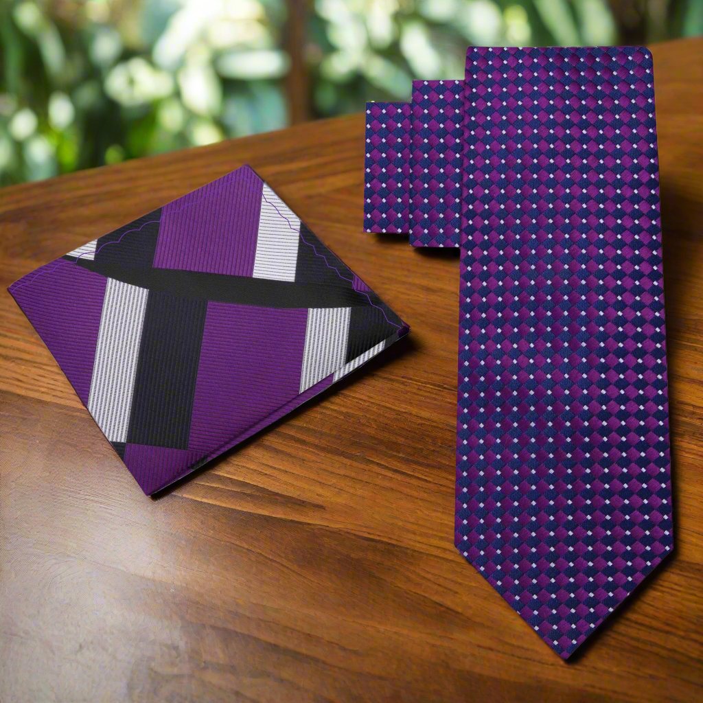 Alt View: Deep Purple Diamonds Tie and Accenting Purple, Black, Grey Abstract Pocket Square