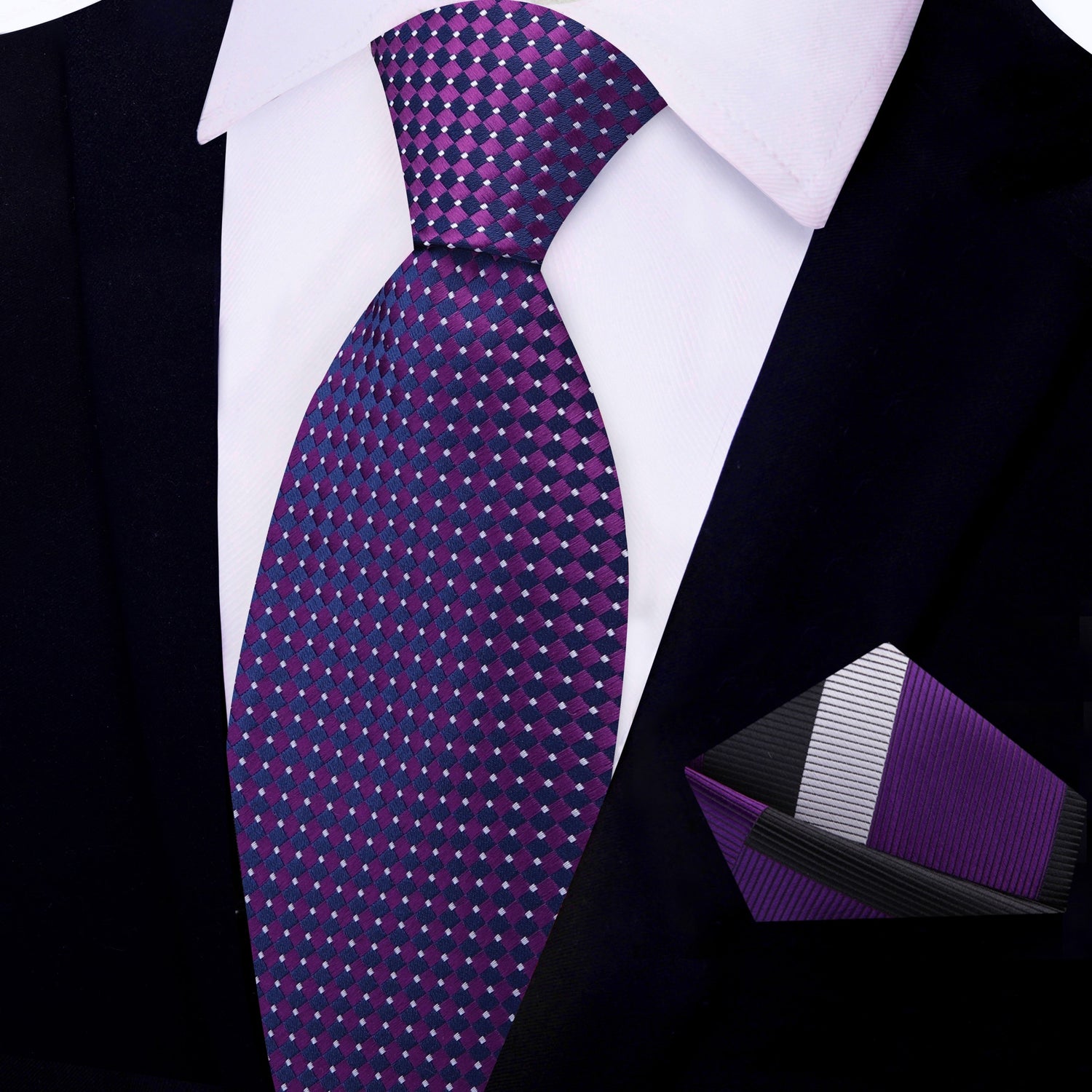 Deep Purple Diamonds Tie and Accenting Purple, Black, Grey Abstract Pocket Square