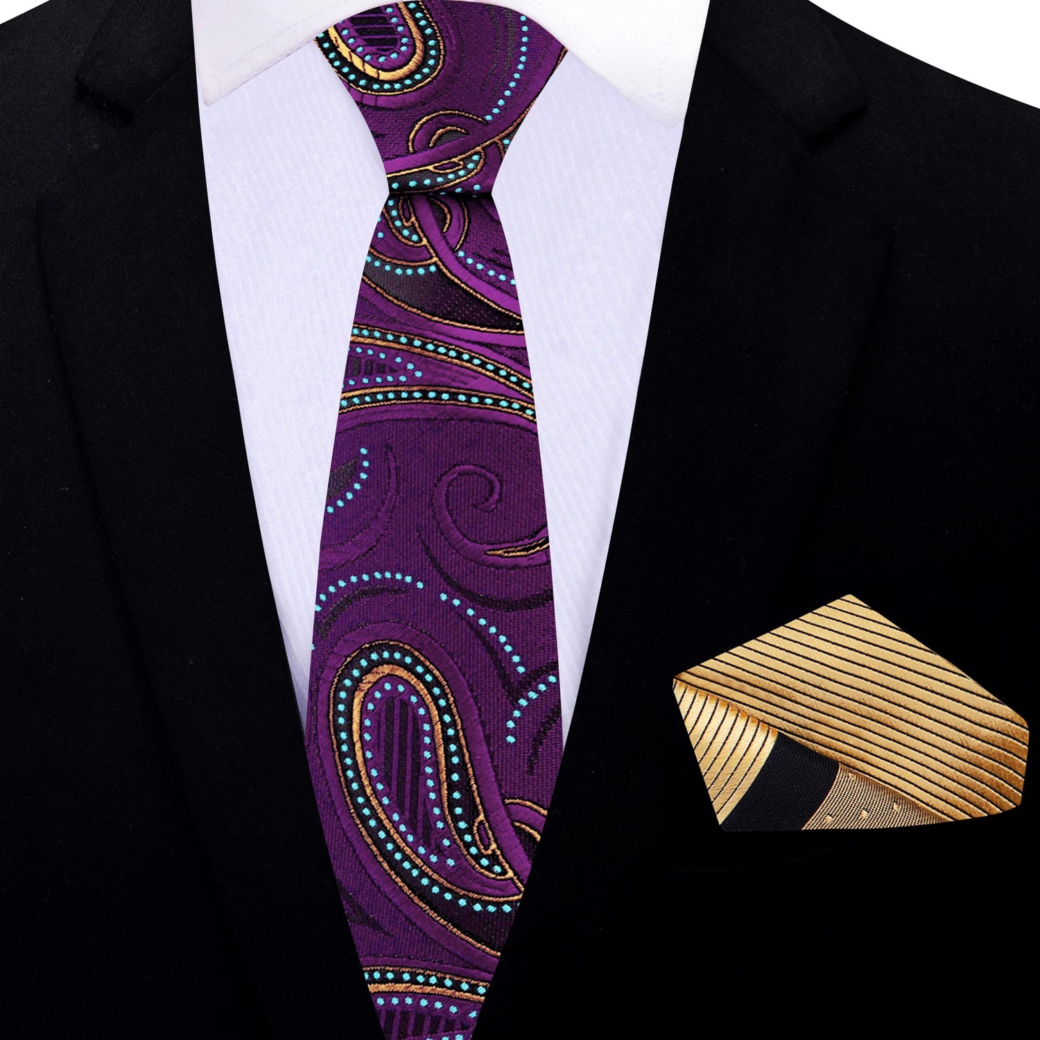 Purple Paisley Thin Necktie with Gold and Black Pocket Square