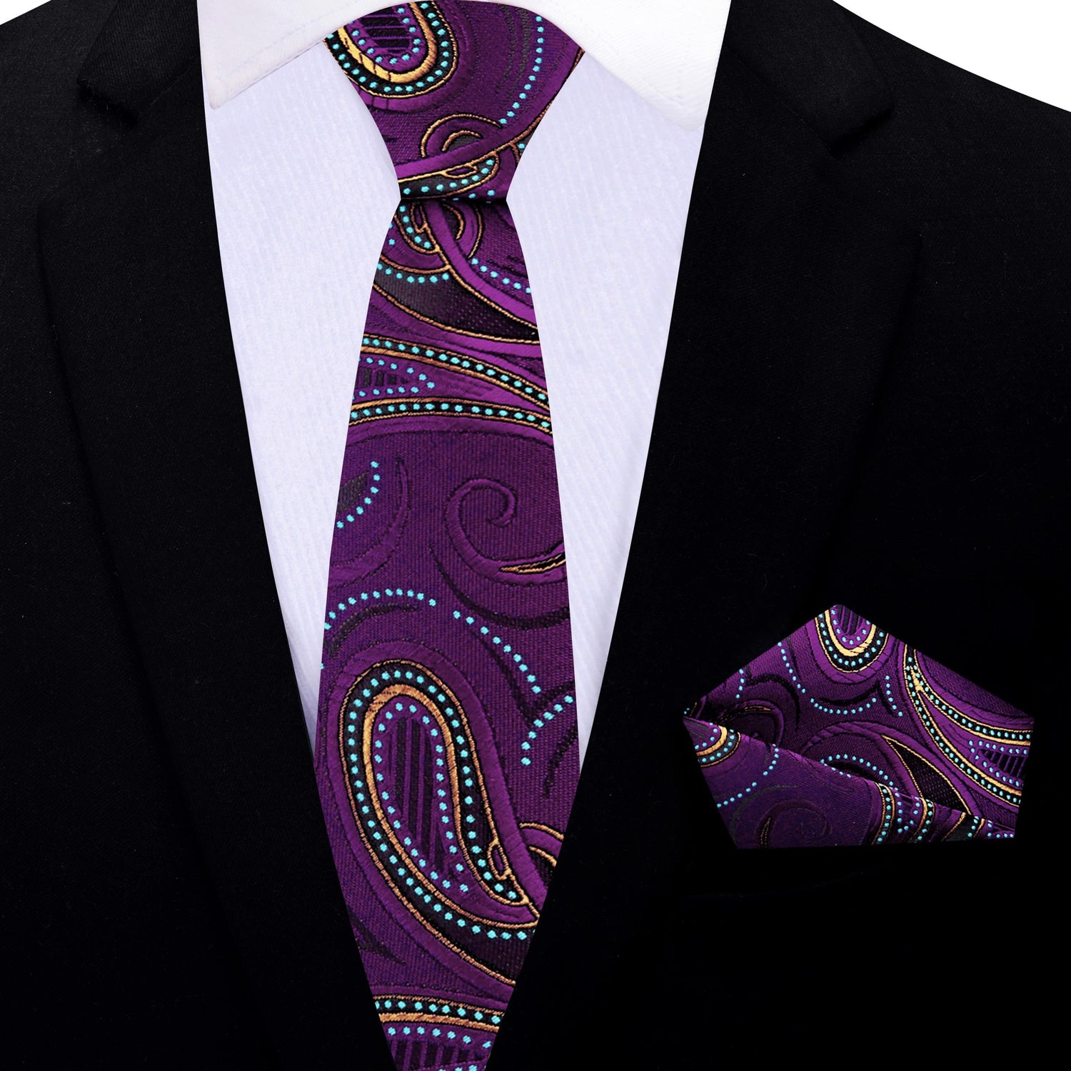 Thin Tie: Purple Paisley Necktie with Matching Pocket Square