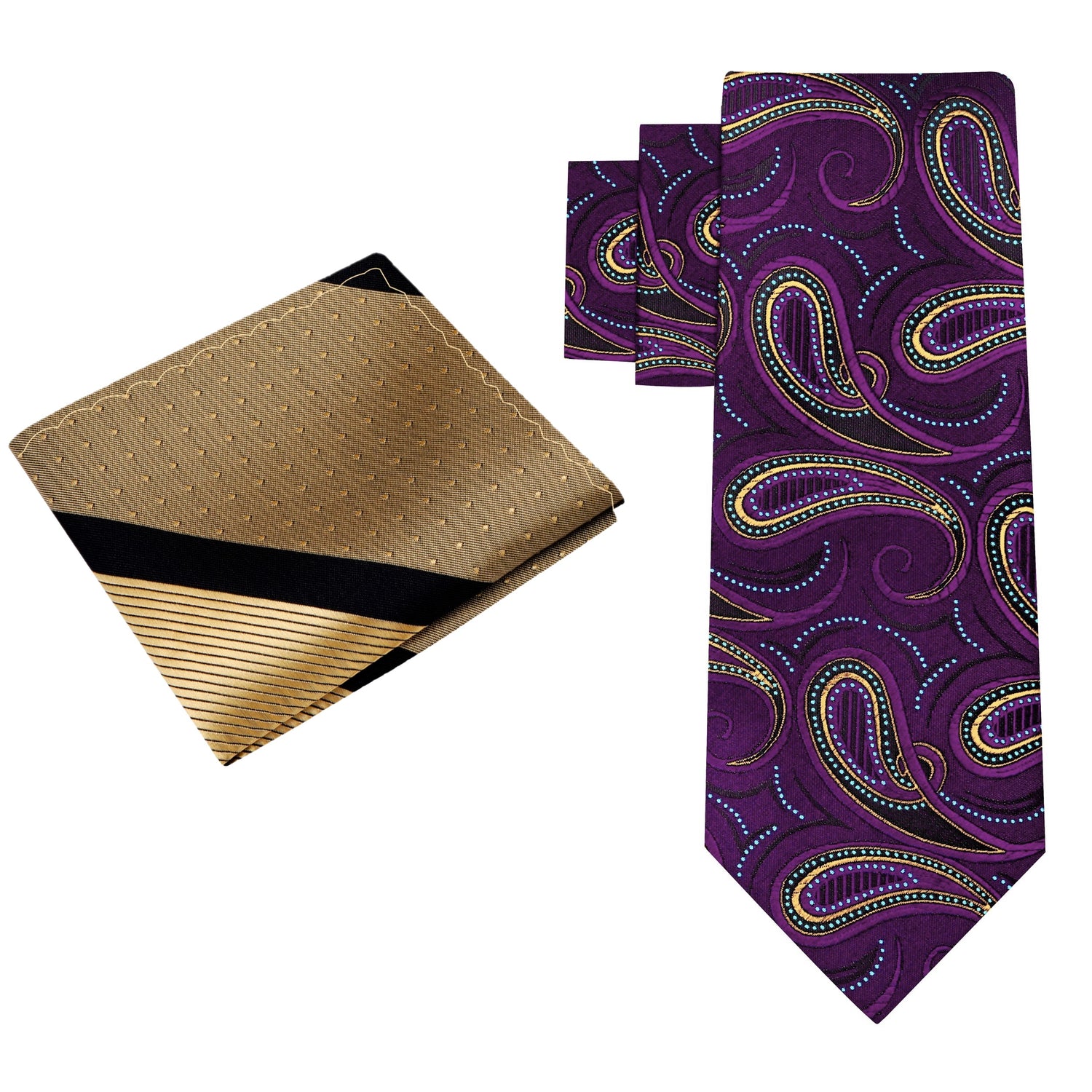 View 2: Purple Paisley Necktie with Gold and Black Pocket Square