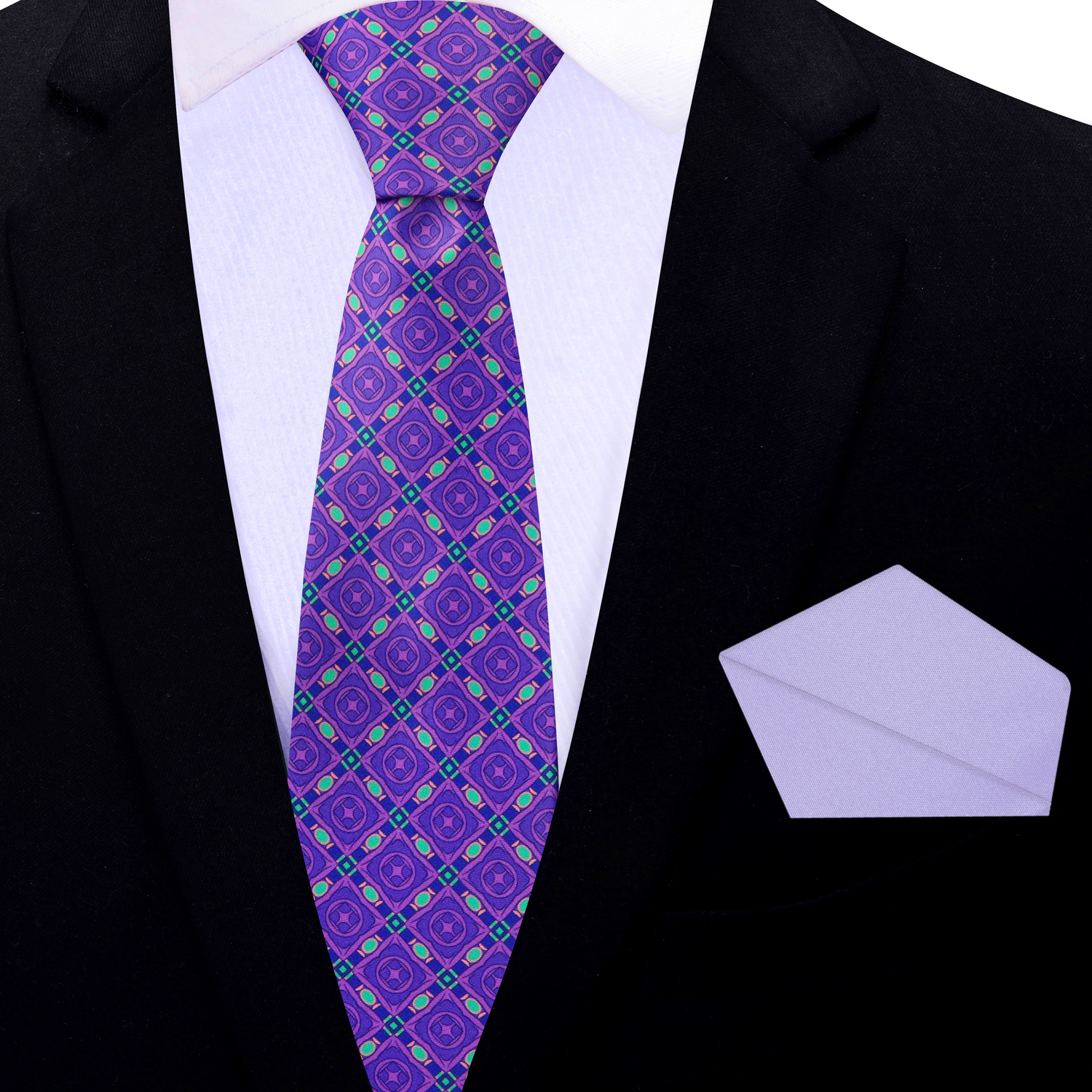 Thin Tie: Purple, Aqua Geometric Tie and Solid Light Purple Square