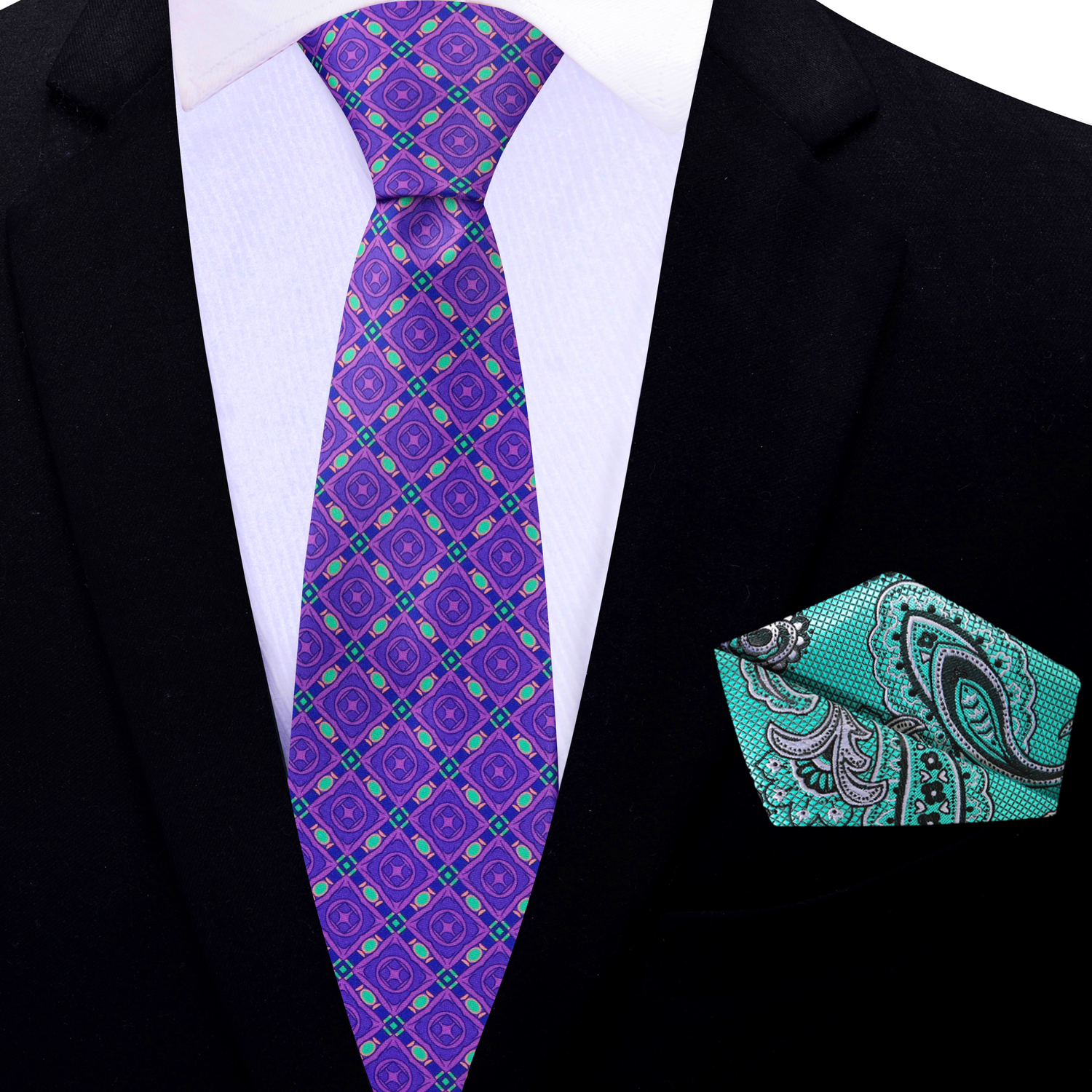 Thin Tie: Purple, Aqua Geometric Tie and Aqua Paisley Square