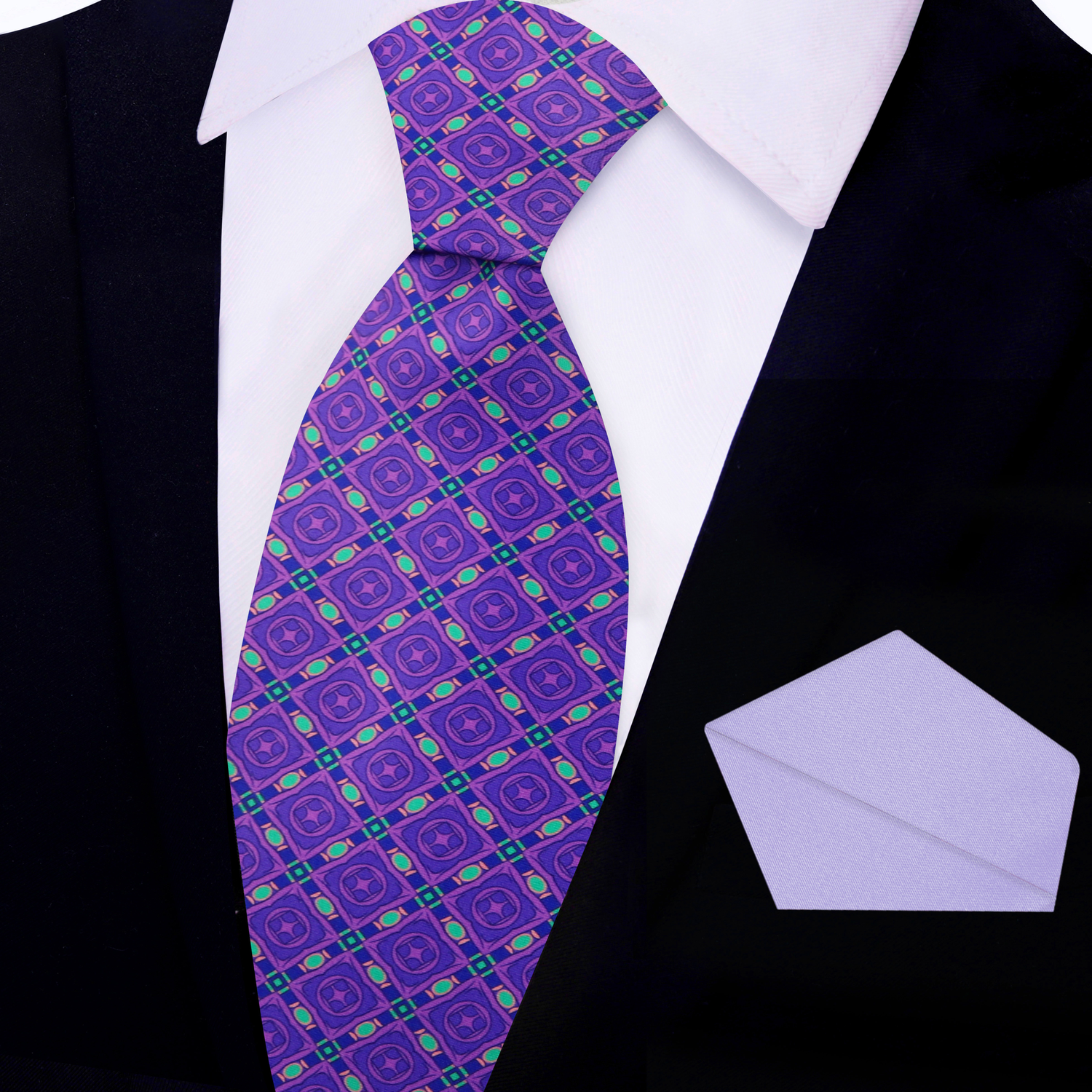 Purple, Aqua Geometric Tie and Solid Light Purple Square