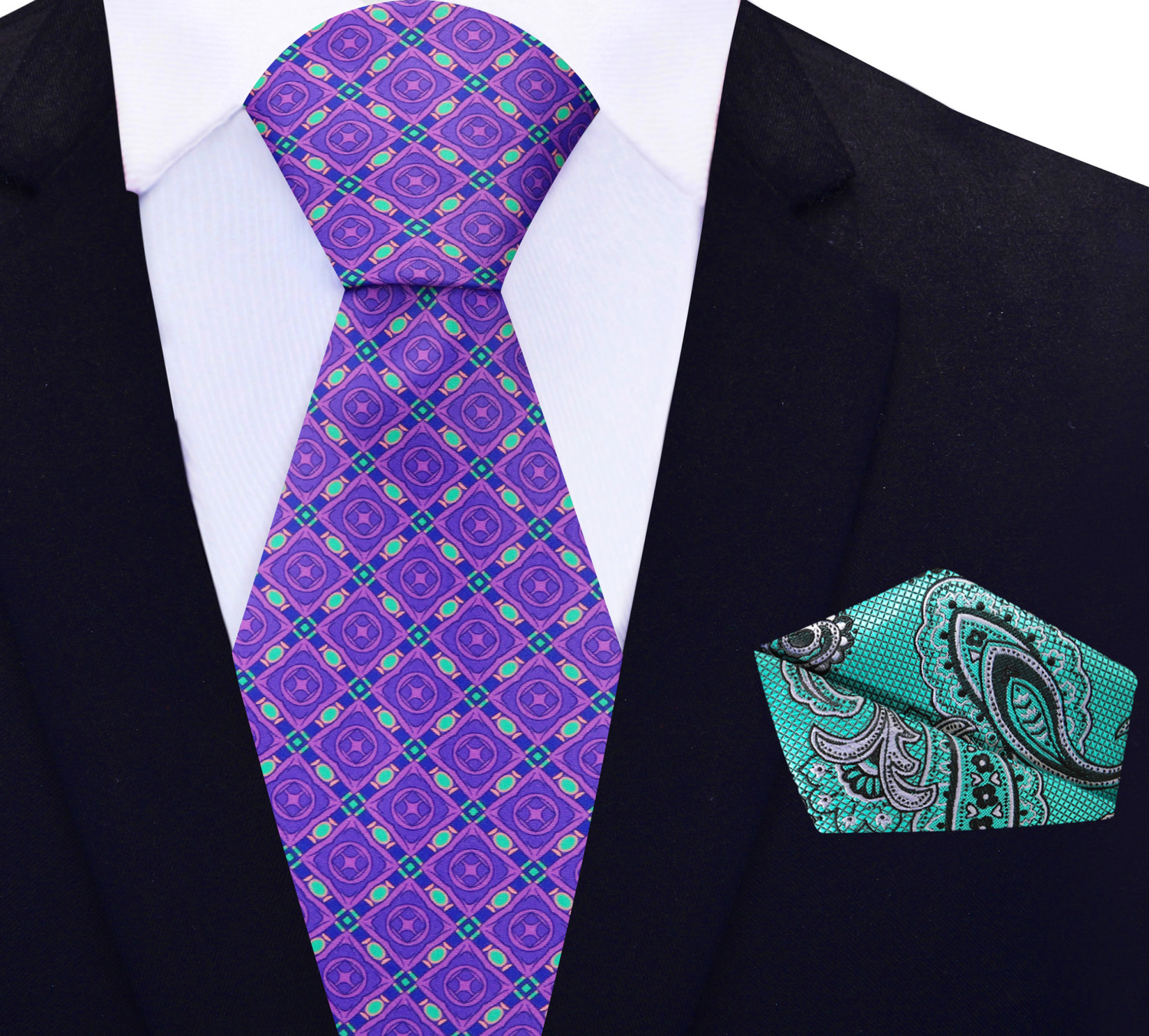 Purple, Aqua Geometric Tie and Aqua Paisley Square