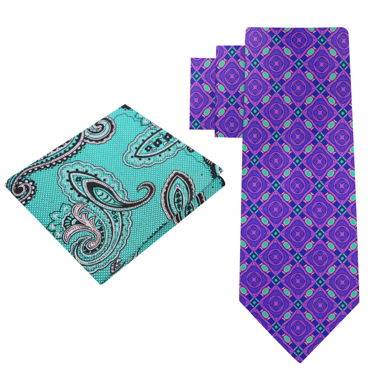 Alt View: Purple, Aqua Geometric Tie and Aqua Paisley Square