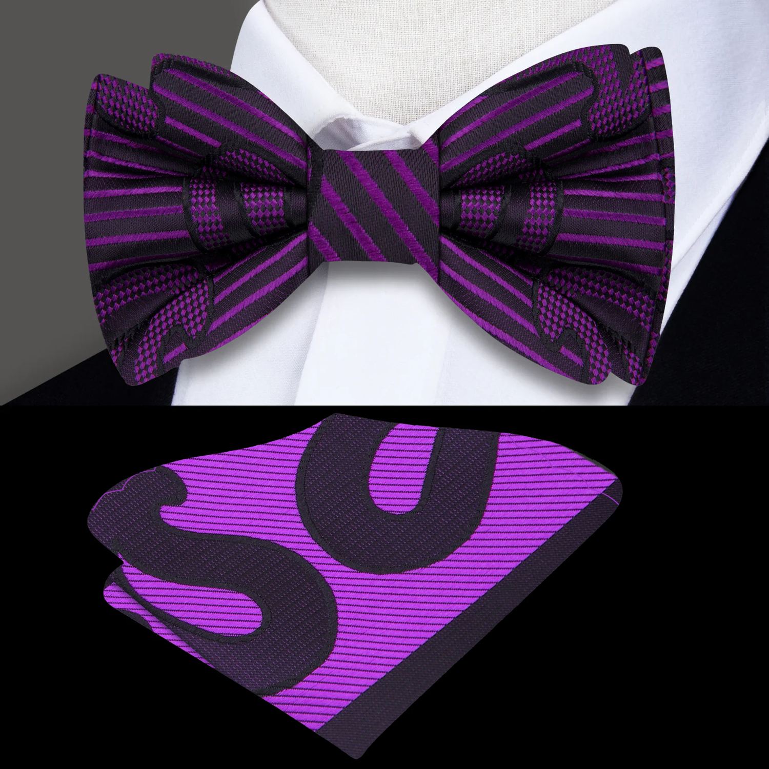 A Purple, Dark Purple, Black Paisley Pattern Silk Self Tie Bow Tie, Matching Pocket Square