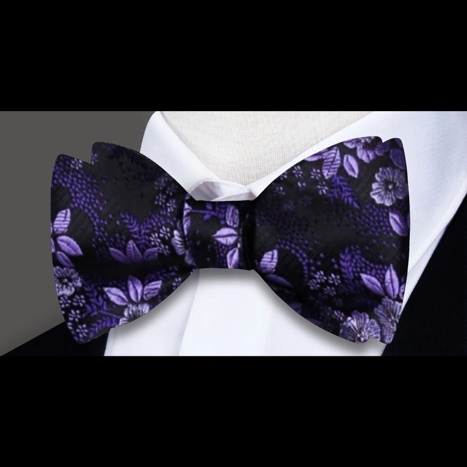Main View: A Purple, Light Purple Detailed Flowers Pattern Silk Self Tie Bow Tie 