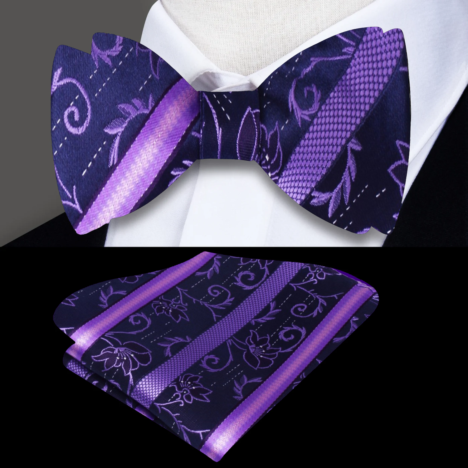 Main View: Purple Floral Bow Tie on Black Suit with Matching Pocket Square