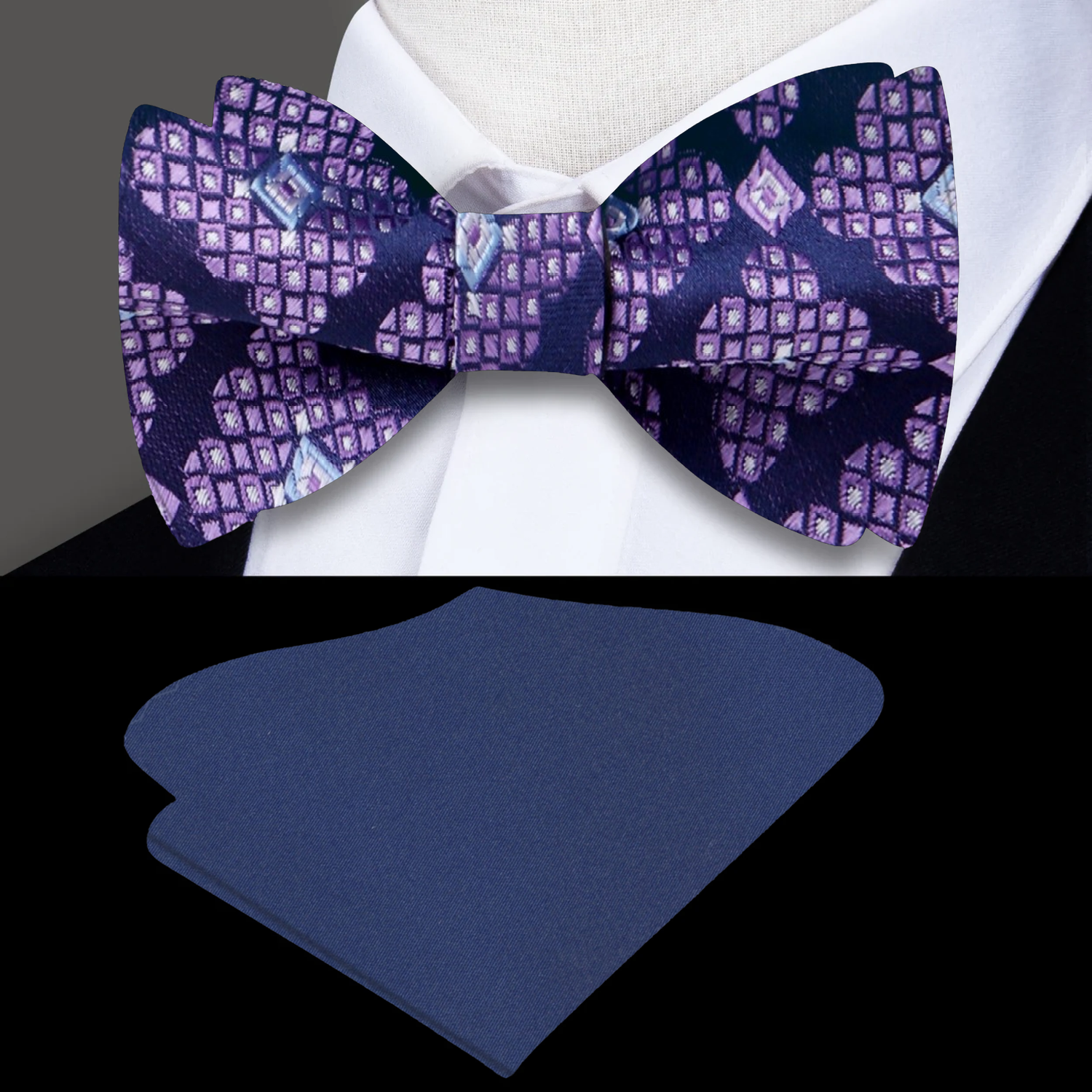 A Purple Abstract Diamond Pattern Silk Self Tie Bow Tie, Blue Pocket Square