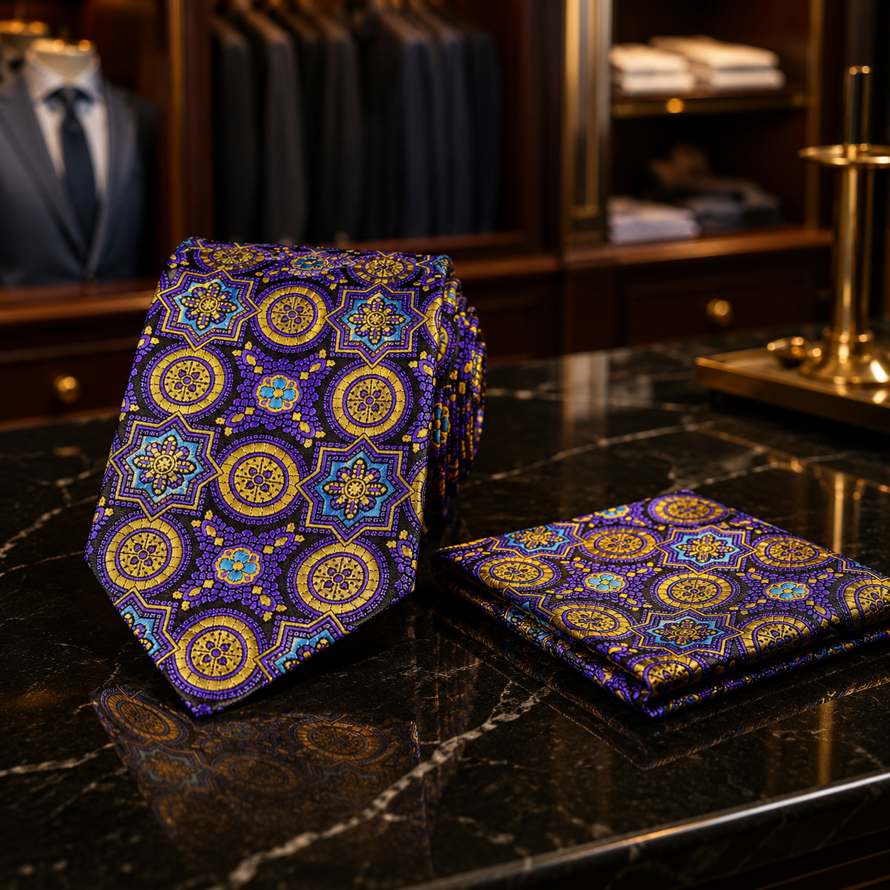 A purple and gold patterned necktie with a matching pocket square displayed on a dark marble surface in a luxury clothing store.