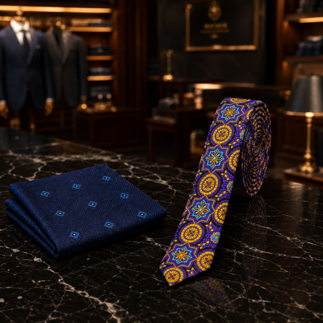 A men's necktie and matching pocket square set displayed on a black marble surface in a luxury suit store. The pocket square is solid navy blue with a small repeating blue diamond pattern, while the necktie features a vibrant purple base with yellow and blue geometric medallion motifs.