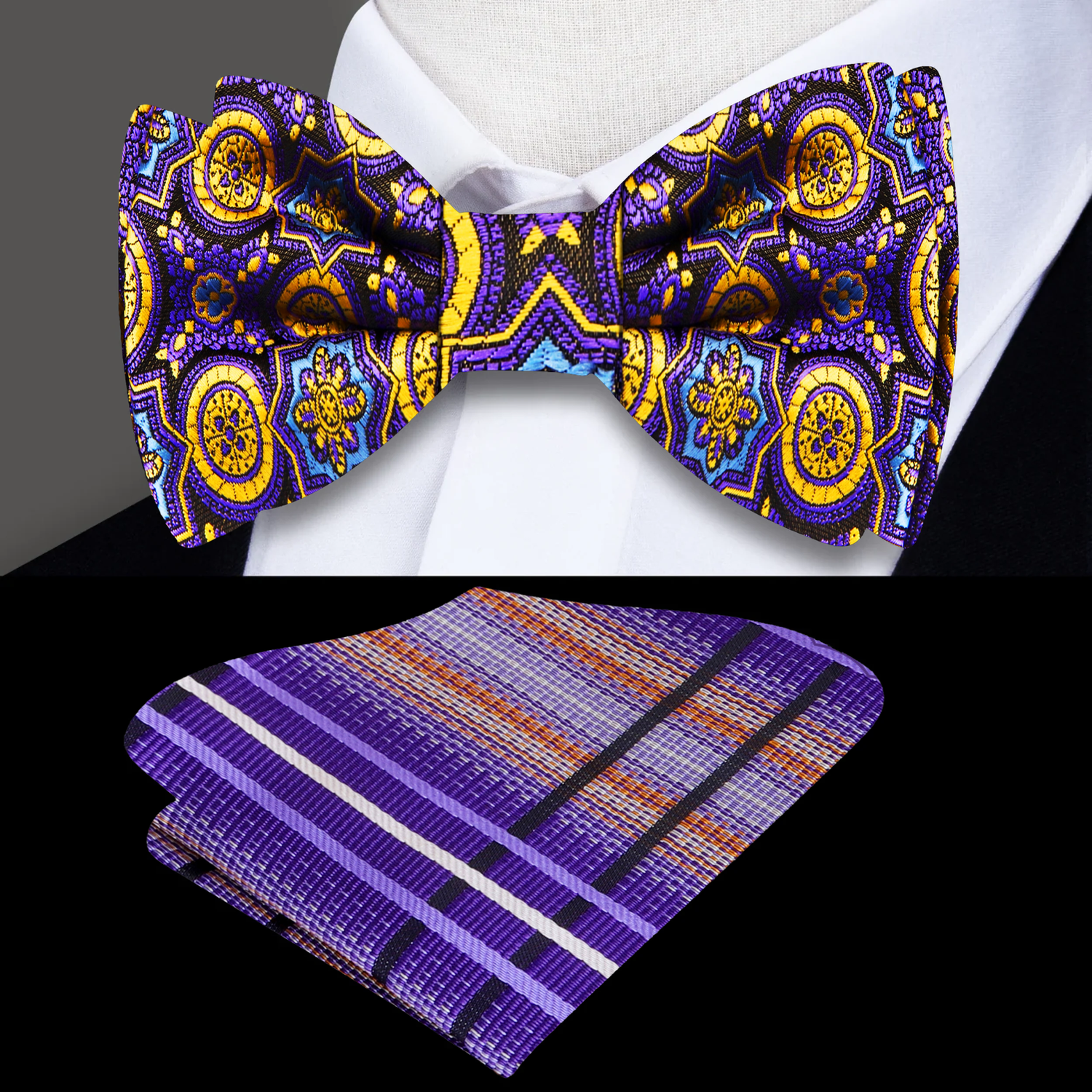 A Purple, Gold, Light Blue Abstract Shapes Pattern Silk Self Tie Bow Tie, Accenting Pocket Square
