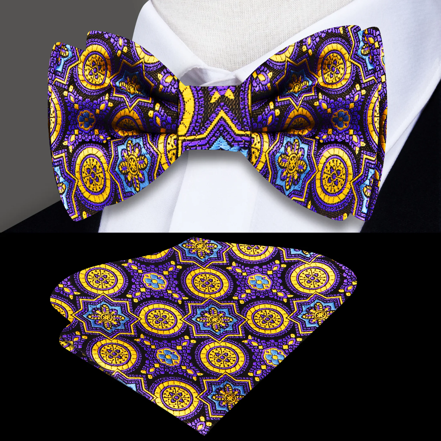 Main: A Purple, Gold, Light Blue Abstract Shapes Pattern Silk Self Tie Bow Tie, Matching Pocket Square
