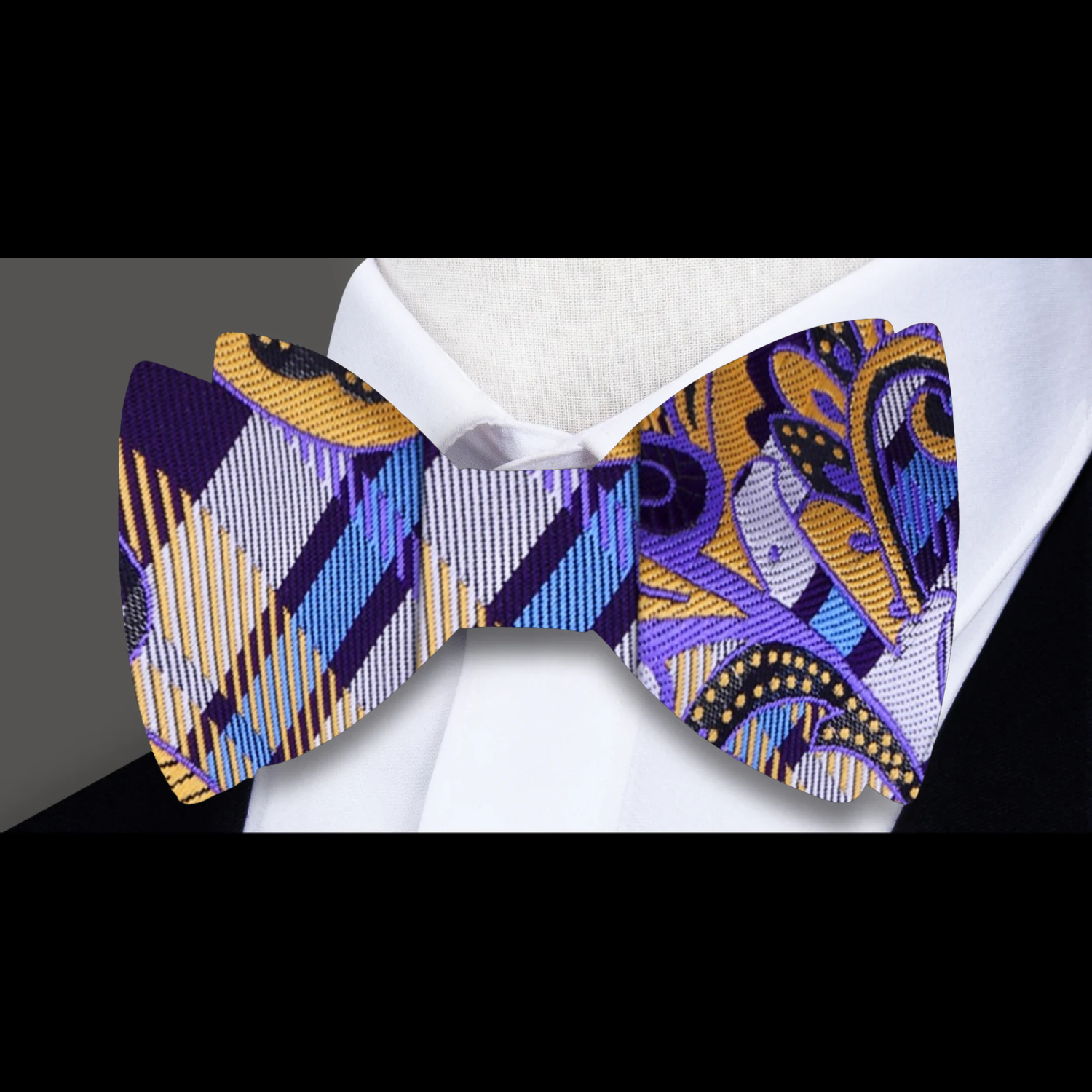 A Purple, Yellow, Light Blue Plaid and Paisley Pattern Silk Pre Tied Bow Tie