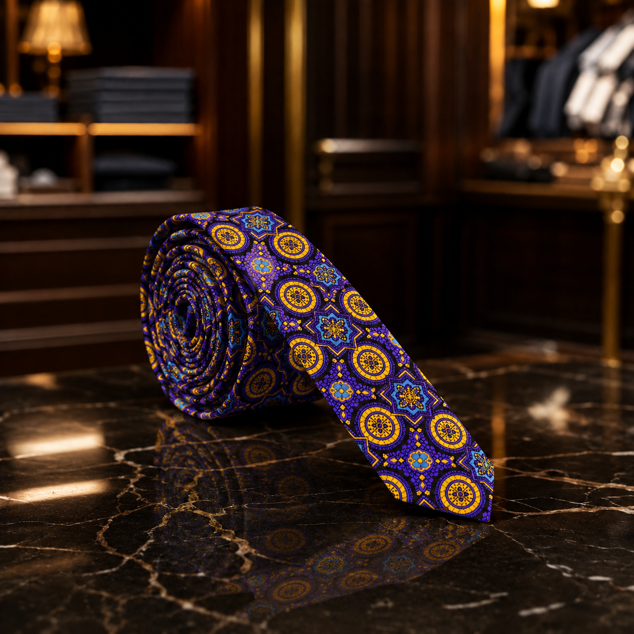 A rolled necktie with a purple, blue, and gold geometric pattern, displayed on a polished black marble surface in a luxury clothing store.