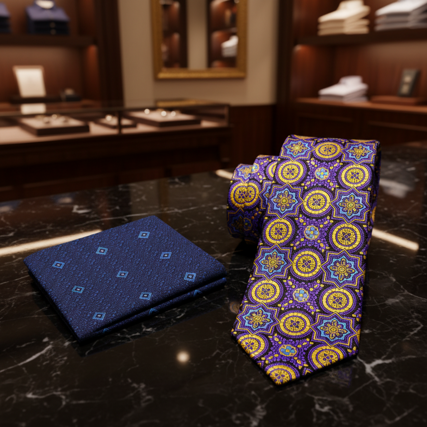 A men's necktie and matching pocket square set on a white background. The necktie features a vibrant purple, yellow, and blue geometric pattern, while the matching pocket square has a solid dark navy blue base with small light blue diamond motifs.