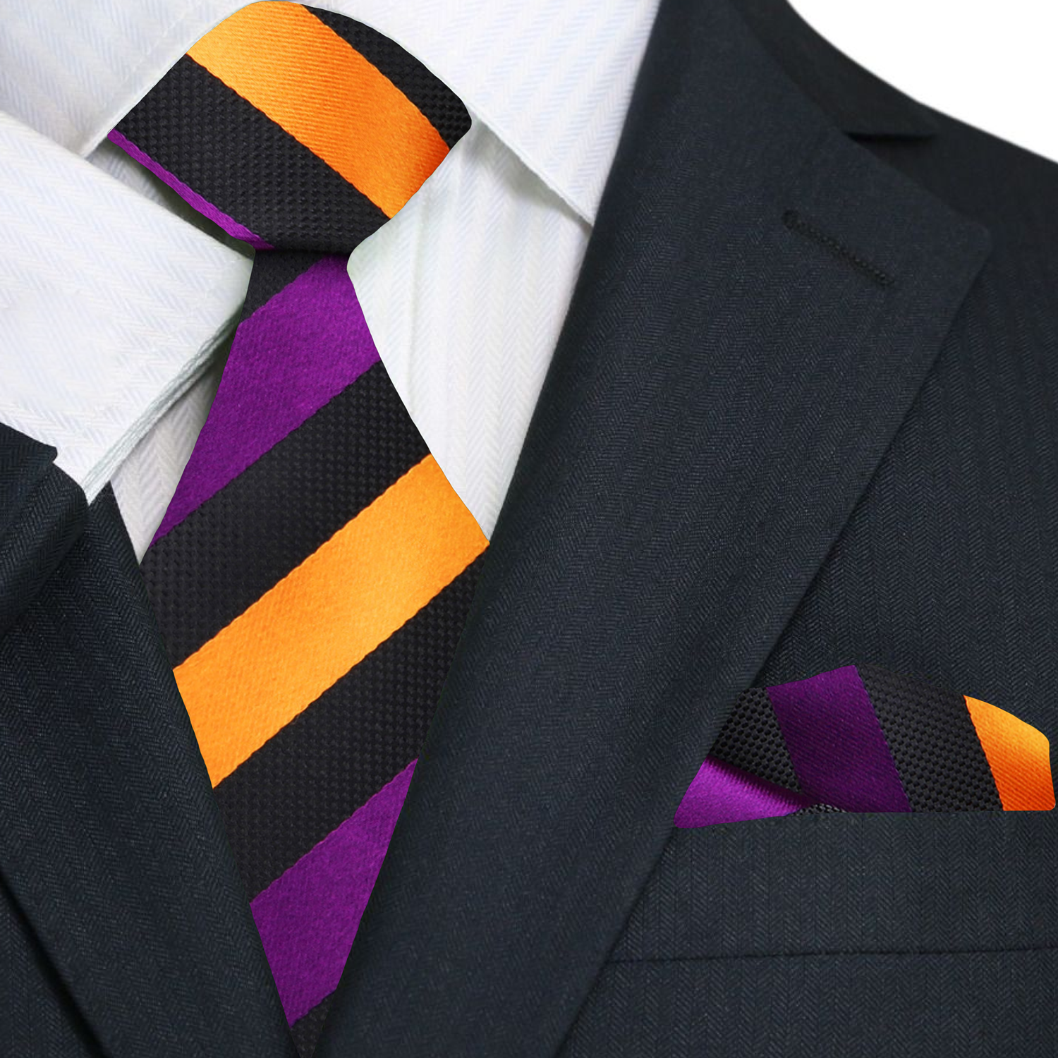 Black, Purple, Marigold Stripe Tie and Pocket Square||Purple, Marigold, Black