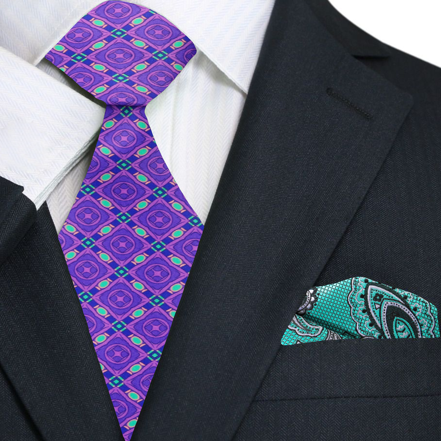 Purple Geometric Tie and Accenting Paisley Square