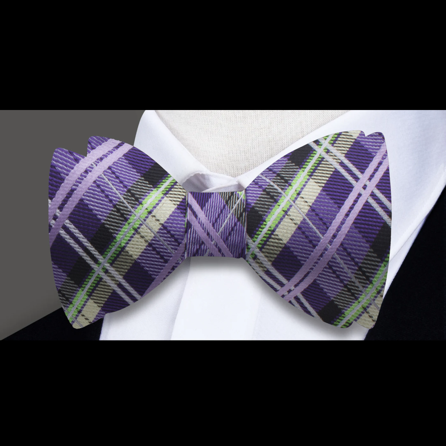 Main: A Purple, Green Plaid Pattern Silk Self Tie Bow Tie