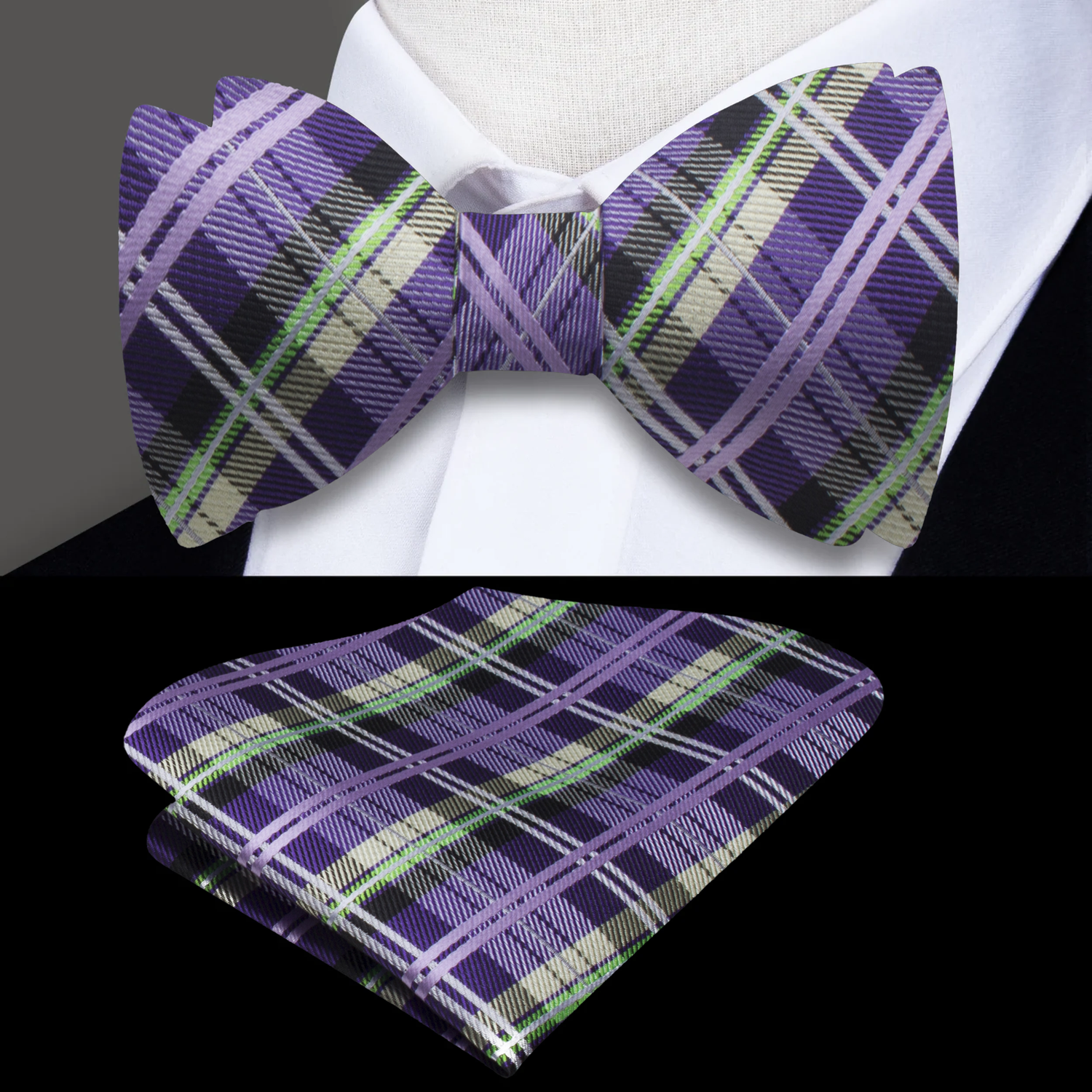 Main: A Purple, Green Plaid Pattern Silk Self Tie Bow Tie, Matching Pocket Square