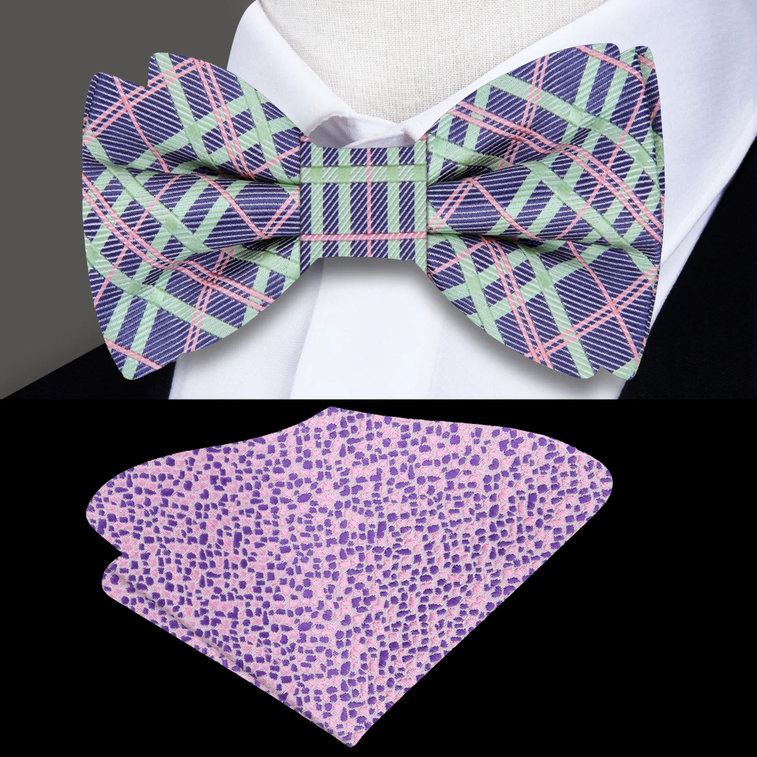 Purple Green Salmon Plaid Bow Tie and Accenting Square
