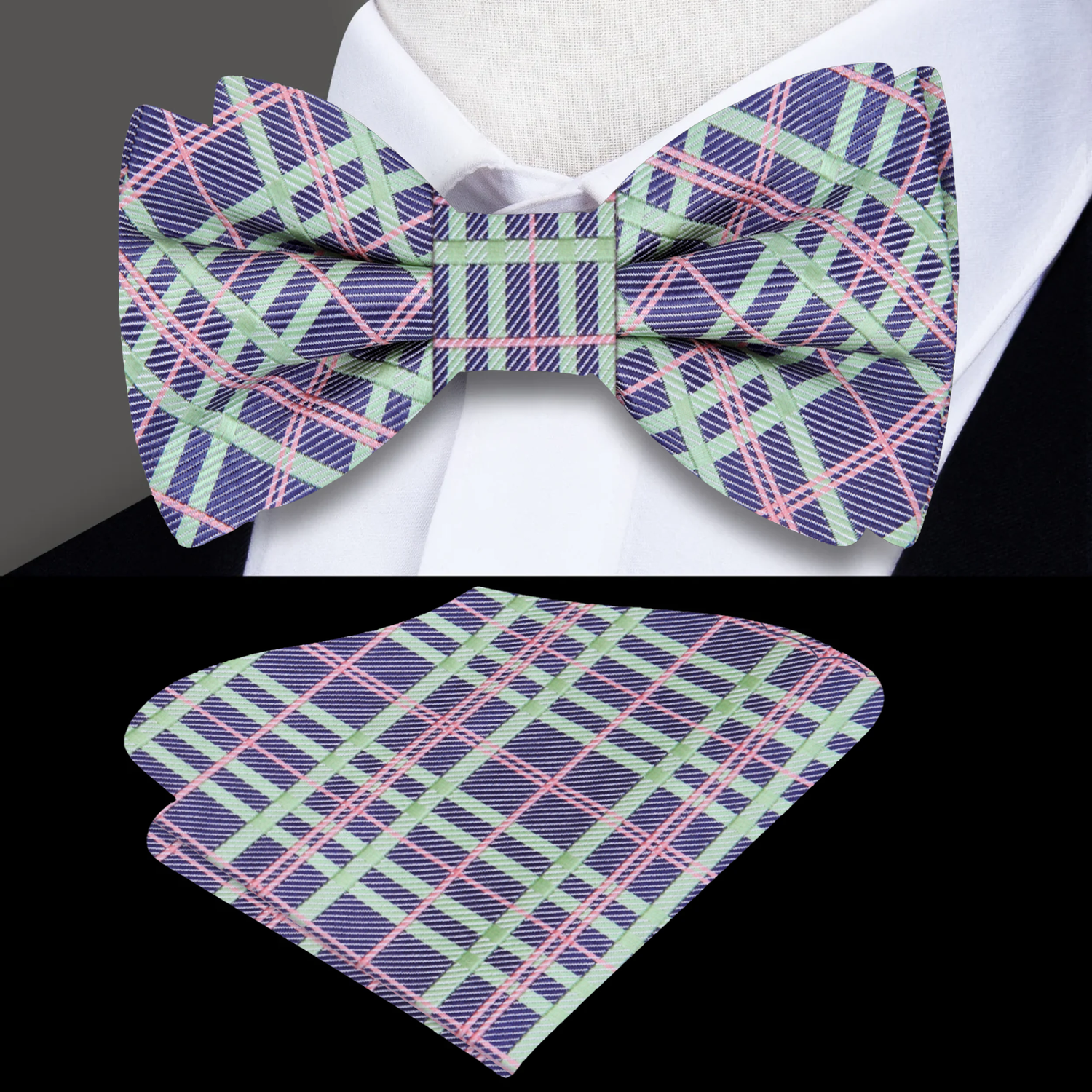 Purple Green Salmon Plaid Bow Tie and Square