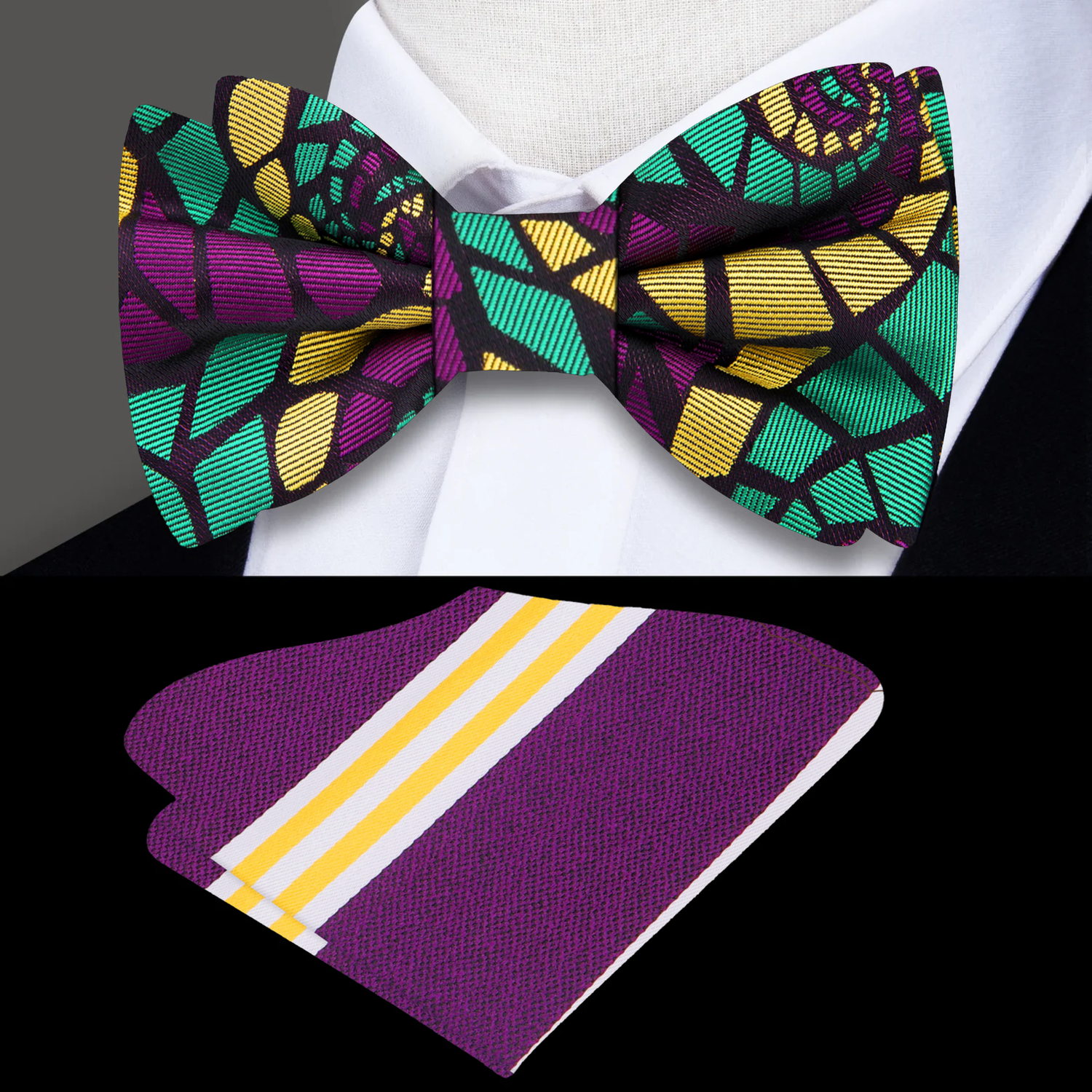Green, purple, yellow abstract bow tie and accenting pocket square||Purple, Green