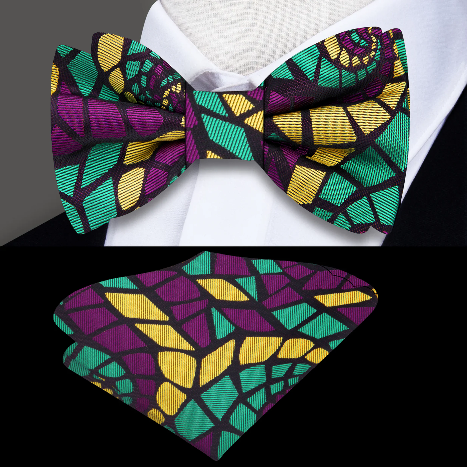 Green, purple, yellow abstract bow tie and pocket square||Purple, Green