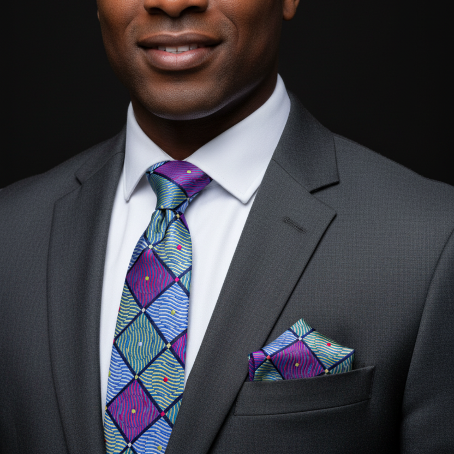 Man wearing a gray suit with a colorful tie and pocket square against a black background